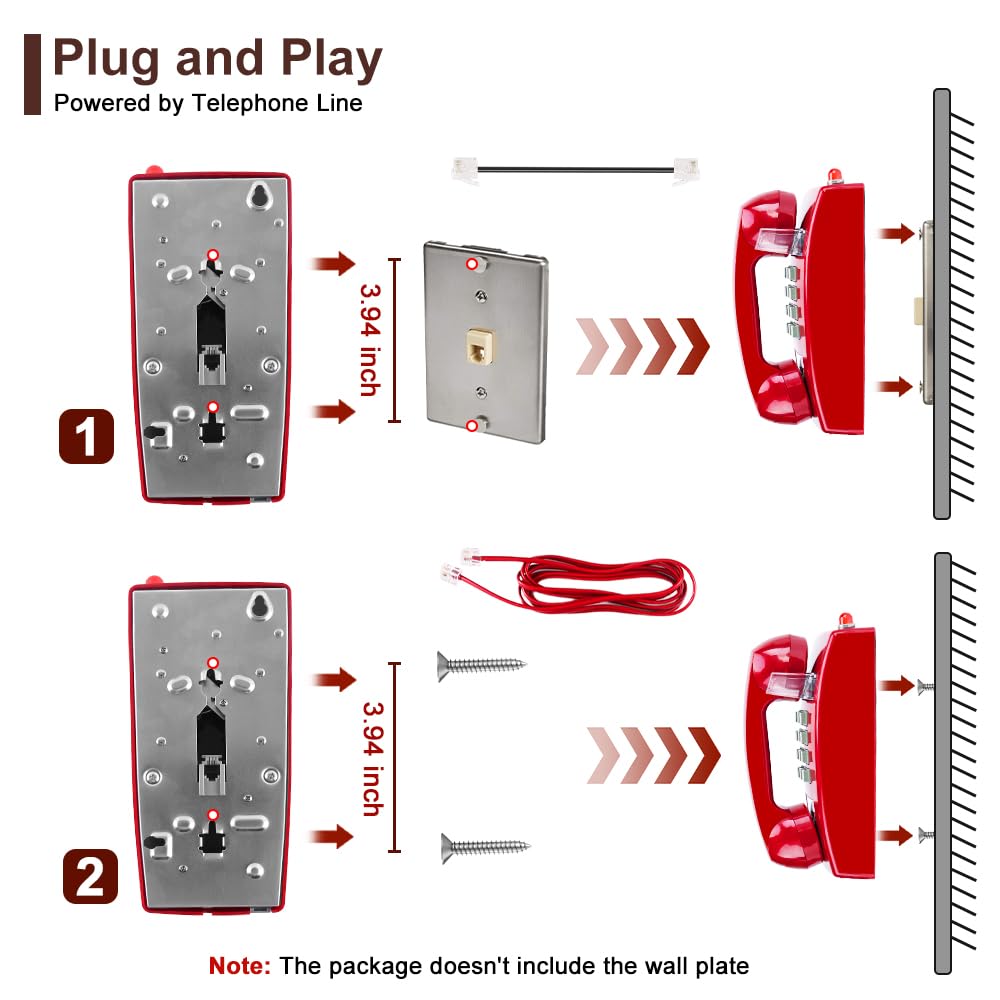 HTMengt Traditional Red Wall Phones for Landline Mechanical Ringing, Classic 2554 Wall Telephone Ringing Indicator, Retro Wall Phone Hearing Aid, Old