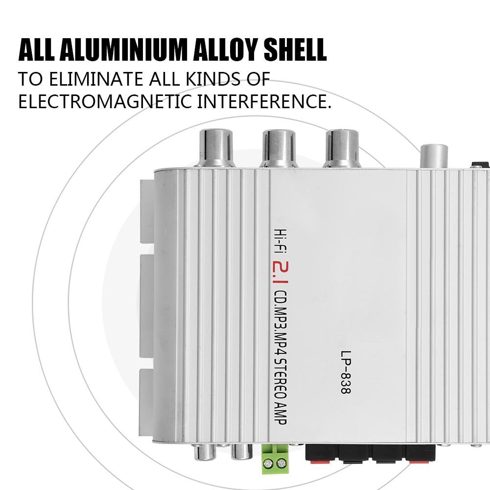 Power Amplifier, Mini HiFi 2.1 Stereo Bass Digital Amplifier, 15W x 2 RMS Output Audio Amp with & 3.5mm Audio Input for Home/Auto (Silver)
