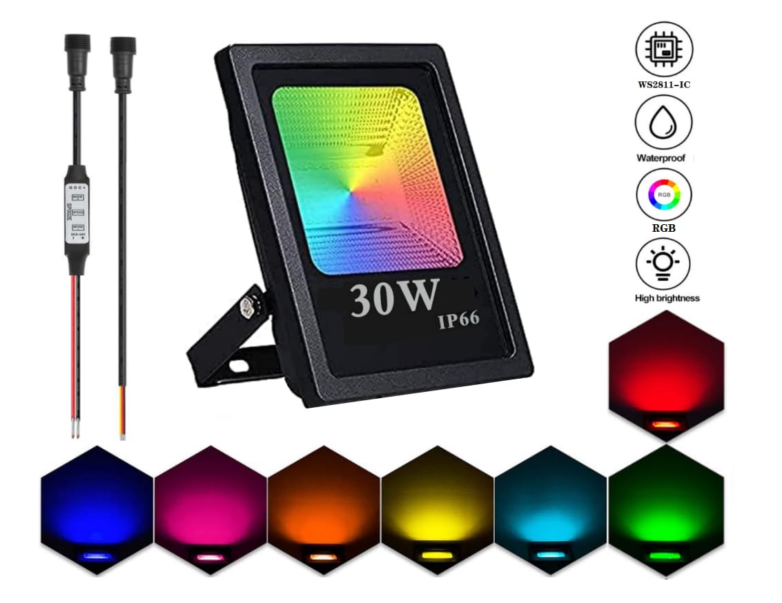 JIAANDA RGB Flood Lights,30W high Power WS2811 Full Color Smart Flood Light, RGB addressable LED Pixel floodlight DC12-24V;IP66Waterproof