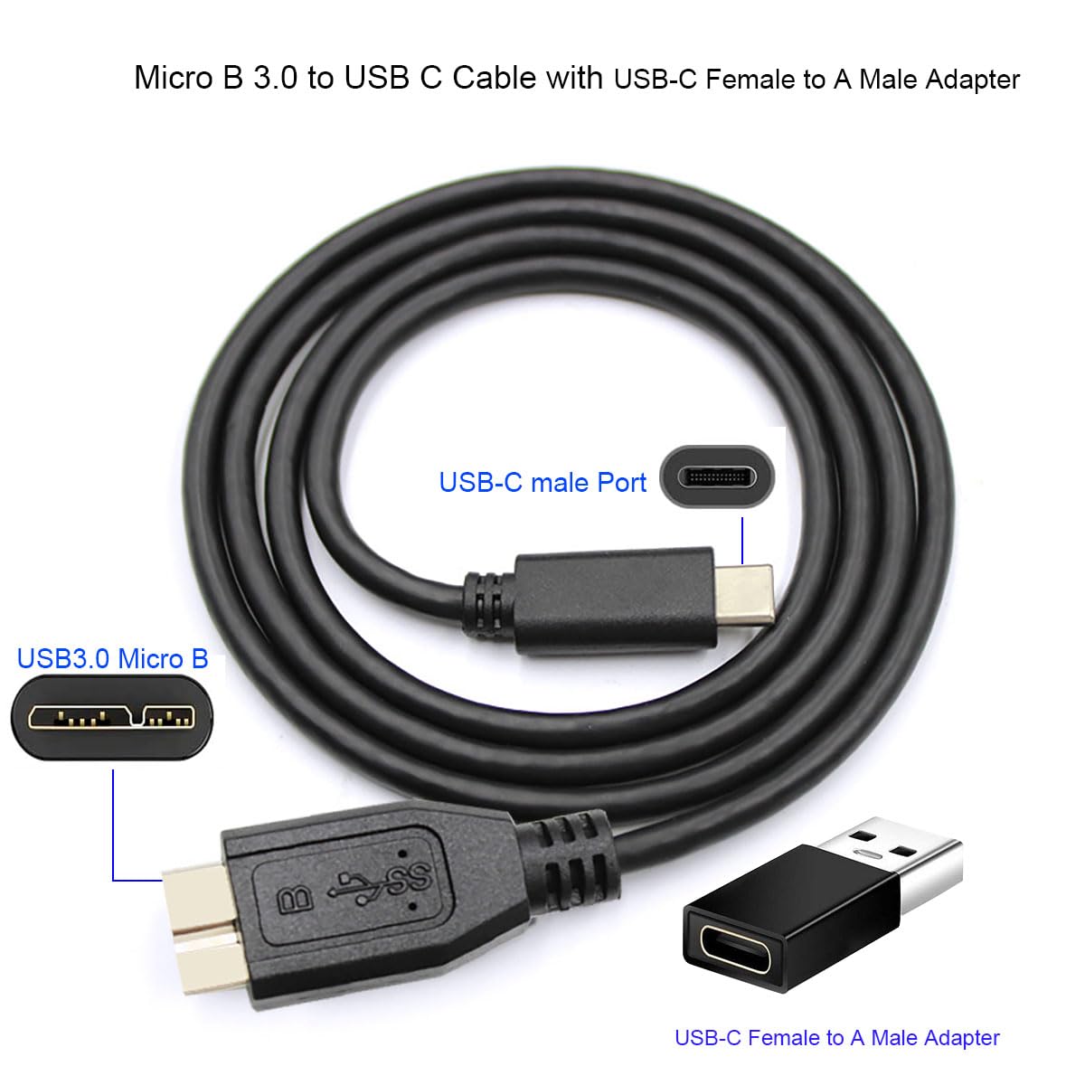 2IN1 External Hard Drive Cable 1.6FT,Super Speed Micro B 3.0 to USB C/A Cable, Compatible with WD,Toshiba,My Passport,Samsung,Seagate,MacBook Pro/Air