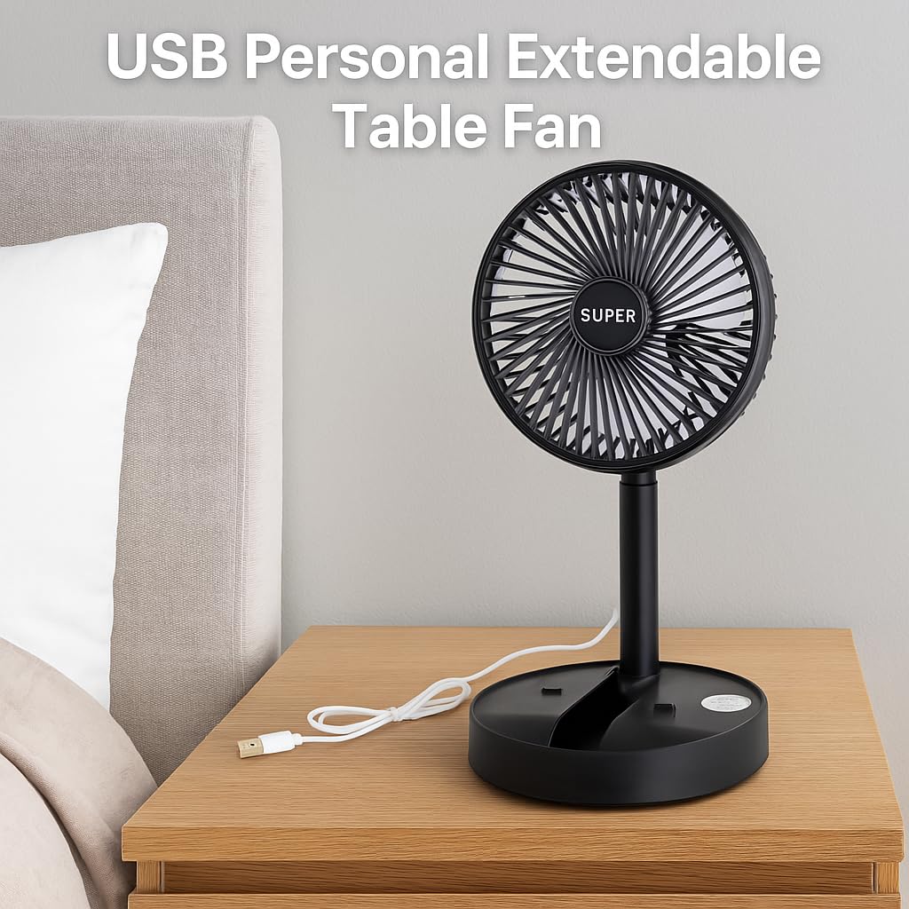 Dependable Industries inc. Essentials Telescopic Folding USB Desk Fan - Adjustable Height 11.5" to 14", Quiet Motor, Compact Table Fan with Phone
