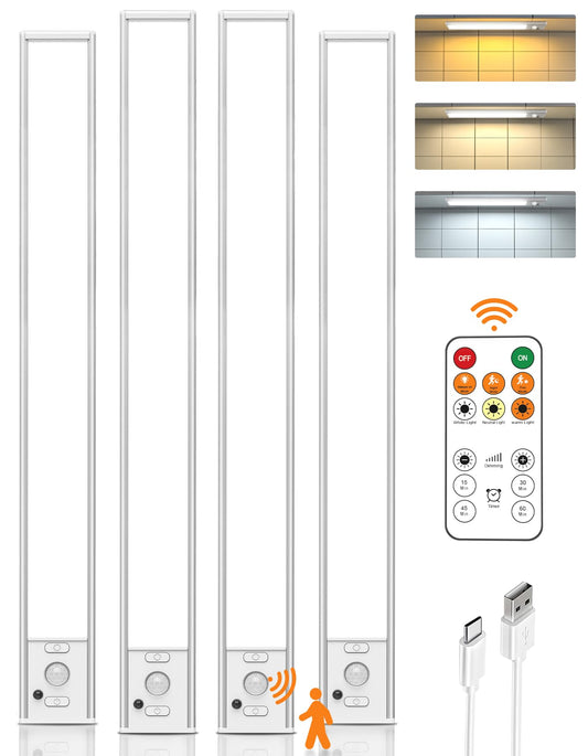 16inch Under Cabinet Lighting Wireless, 4000mAh Rechargeable Motion Sensor Light Indoor, LED Closet Lights with Remote, 3 Color Temps Dimmable