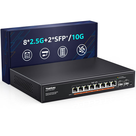 YuanLey 10 Port 2.5G PoE Switch Unmanaged, 8 x 2.5G Base-T PoE Ports, 2 x 10G SFP, IEEE802.3af/at, 120W, Compatible with 100/1000/2500Mbps, Metal