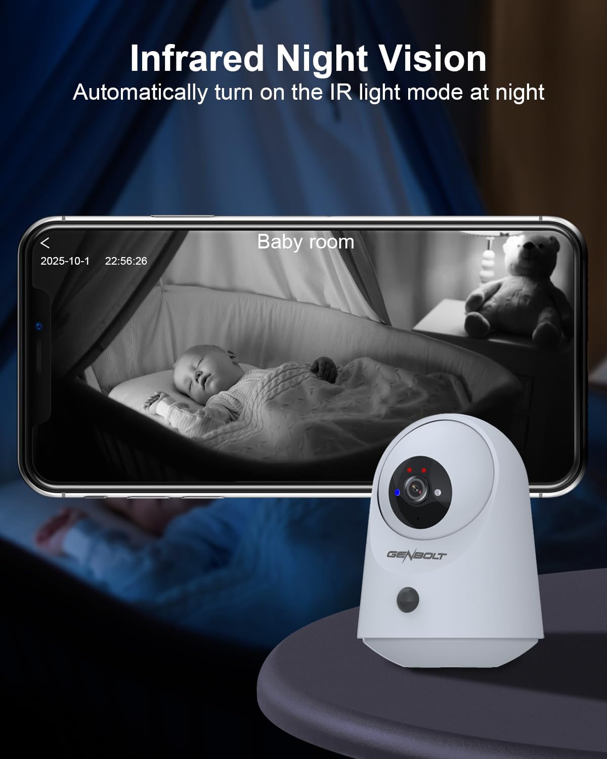 GENBOLT 2K WiFi Indoor House Security Camera Wireless, Pan Tilt Pet Camera with 5000mAh Battery Powered, IP Camera CCTV Nanny Dog Cam Baby Monitor