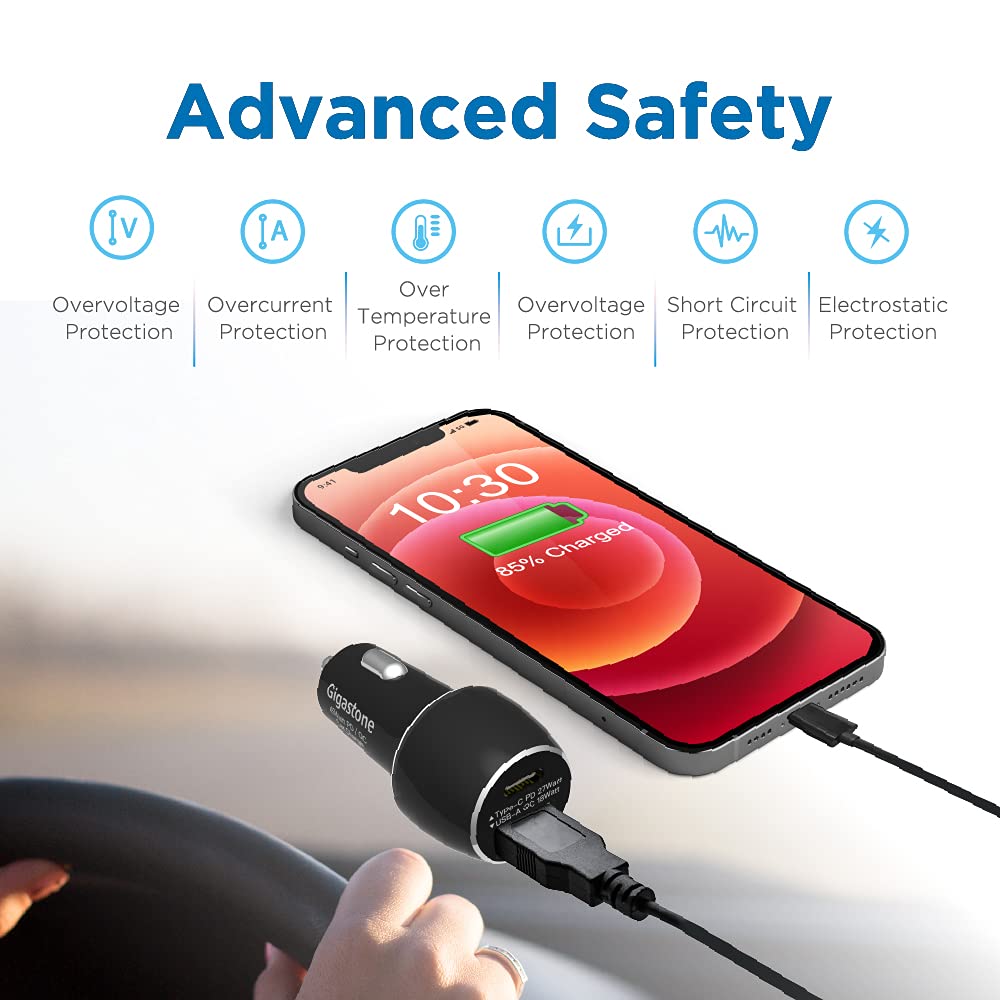Gigastone USB C Car Charger 45W/6A Fast Car Charger Adapter, PD3.0 & QC3.0, Dual Port, Super Mini, Compatible with iPhone 15, 14,13,12,11,X,SE,8