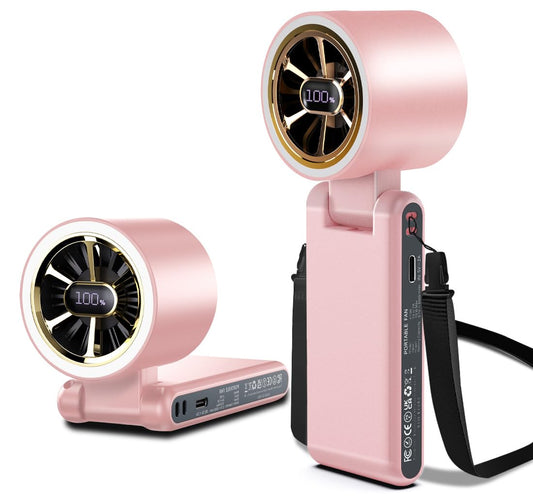 CAZOKASI Rechargeable Strong Wind Handheld Fan With Ambient Lighting 4 IN1 5000mAh Upto 22H For Desktop Waist Clip Neck (StrongWind/Pink)