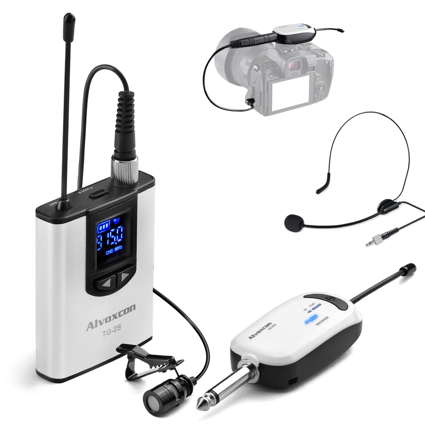 Alvoxcon Wireless Headset Lavalier Microphone System Wireless Lapel Mic Best for iPhone, DSLR Camera, PA Speaker, YouTube, Podcast, Video Recording