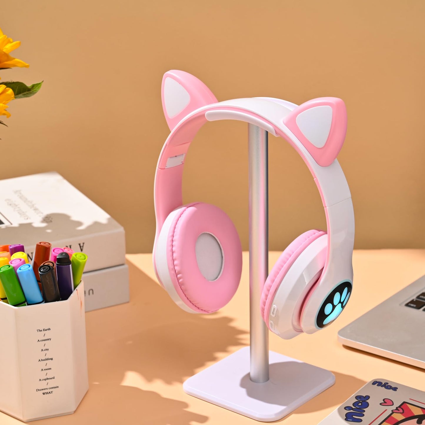 KERHAND Bluetooth Noise Cancelling Headphones for Kids,Foldable Cat Headphone with LED Light Up Ear,Cat Ear Headphones for Toddler with Microphone/TF