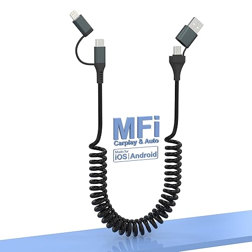 USB-C and Lightning Cable 4 in 1 Combo for Apple Carplay & Android Auto,[MFi Certified] Coiled iPhone Charger Cord- PD 60W Fast Charging & Data Sync…