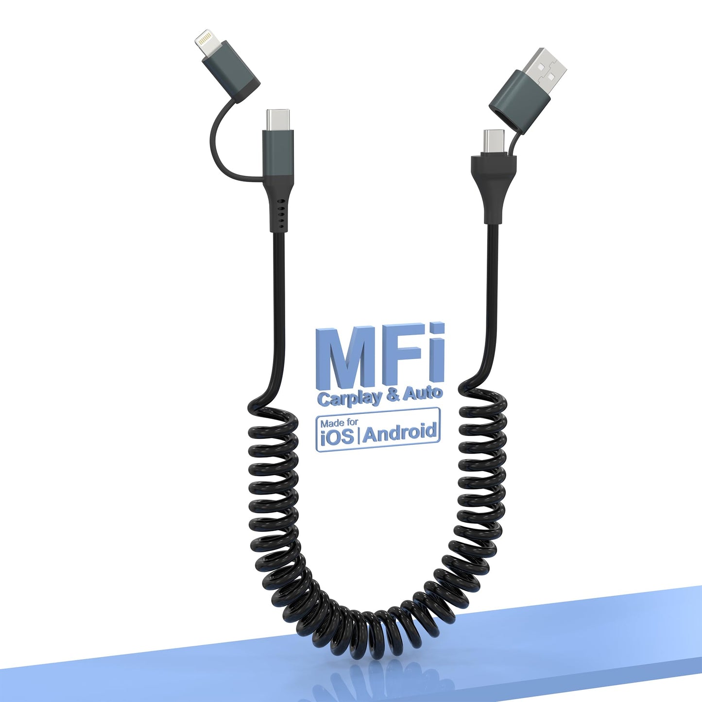USB-C and Lightning Cable 4 in 1 Combo for Apple Carplay & Android Auto,[MFi Certified] Coiled iPhone Charger Cord- PD 60W Fast Charging & Data Sync…