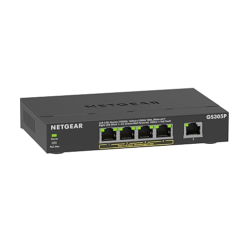 NETGEAR 5-Port PoE Gigabit Ethernet Unmanaged Essentials Switch (GS305P) - with 4 x PoE+ @ 63W, Desktop or Wall Mount