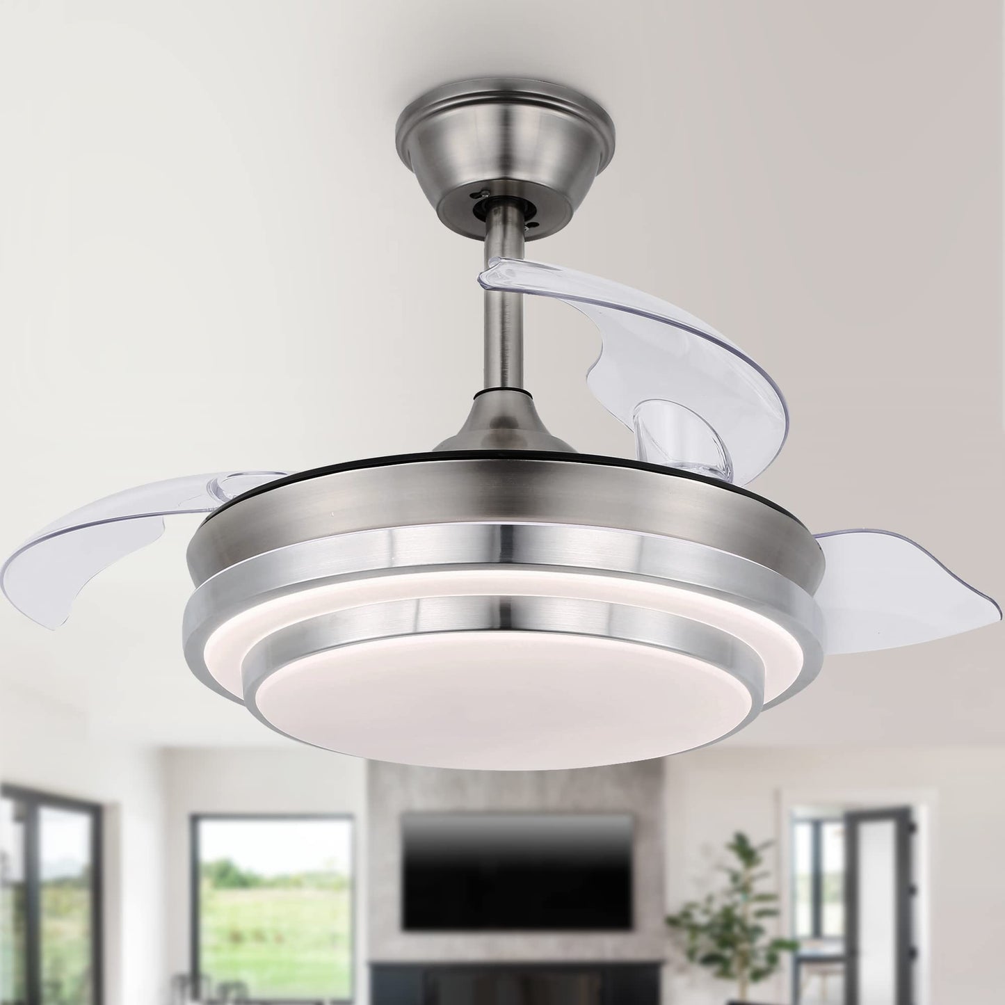 CNCMtiger 36" Retractable Ceiling Fan with Lights Remote Control, Retractable Blade Ceiling Fan 6-Speed 3 Color Changeable, Brush Nickel, for Living
