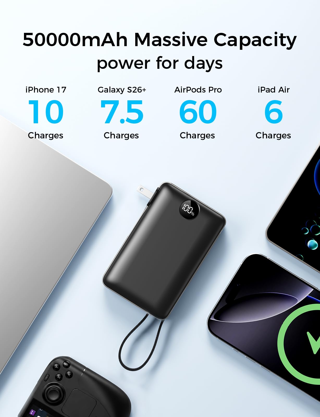 Portable Charger 10000mAh with Built-in Cables and AC Wall Plug, 22.5W Fast Charging Power Bank with LED Display for iPhone 17/16, Samsung, Android