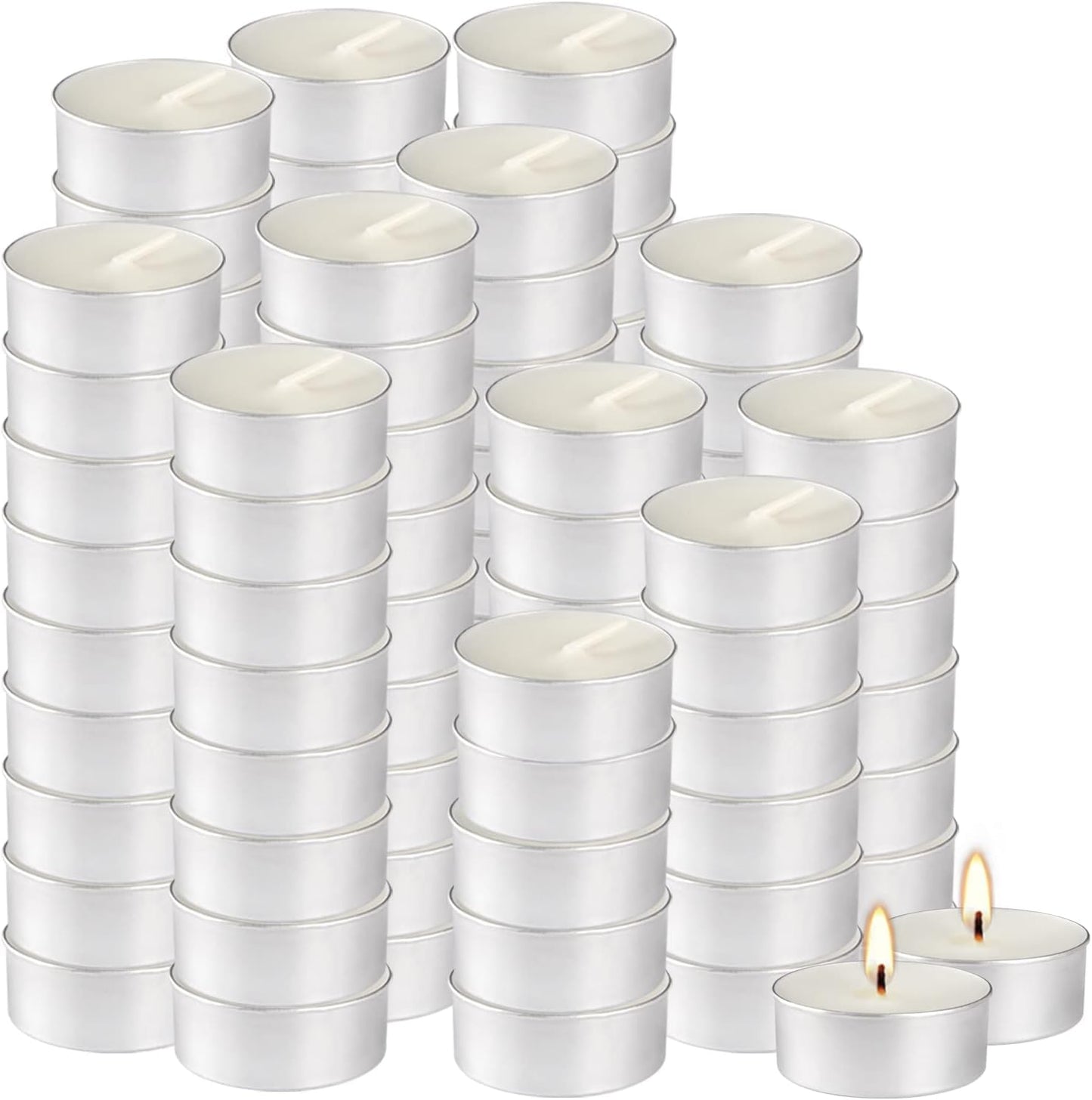 100 Pack Unscented Tealight Candles, 4 Hour Burn Time, Smokeless & Dripless White Tea Lights in Aluminum Cups, Standard Size Votive Candles