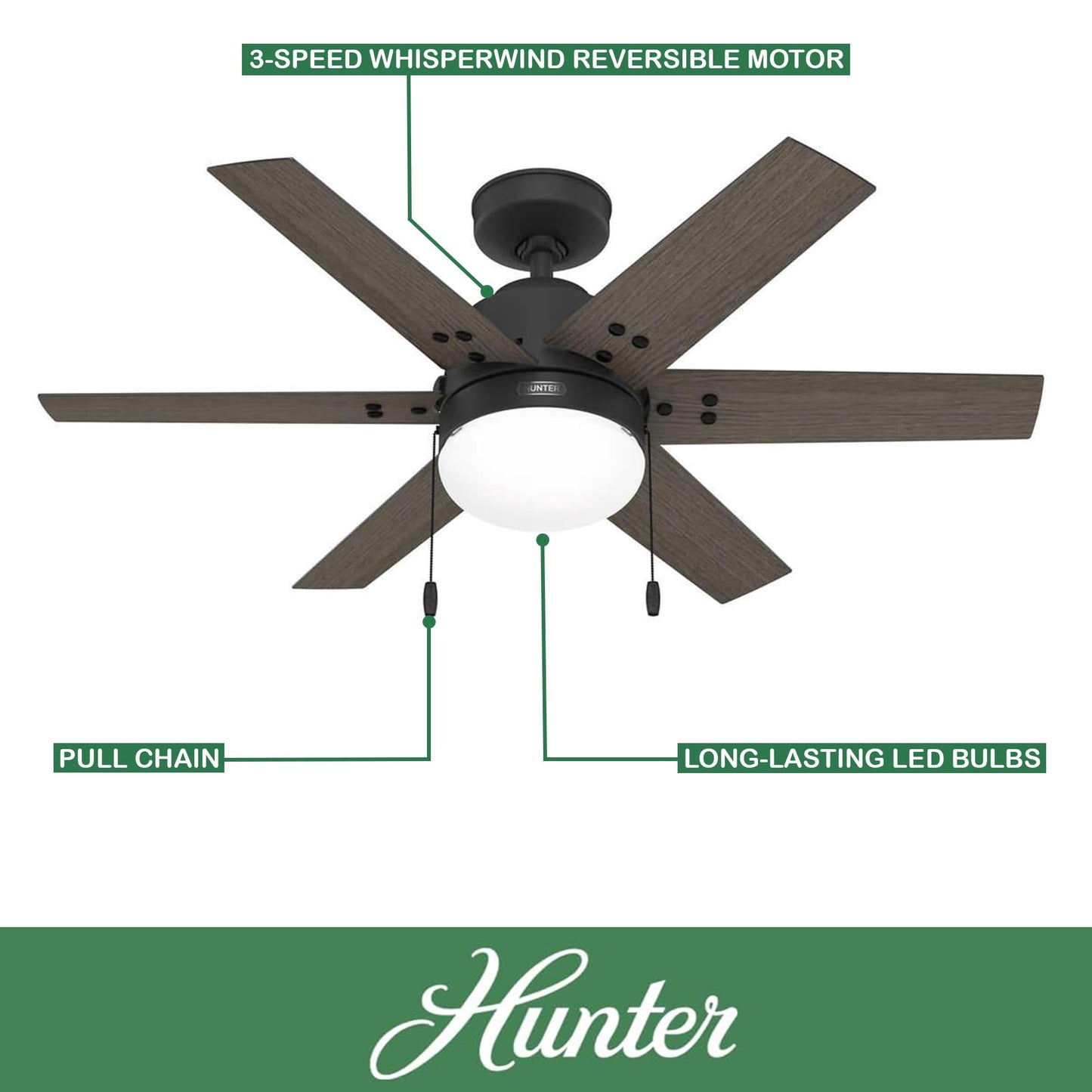 Hunter Fan 44 inch Indoor Ceiling Fan with Light, Black Ceiling Fan with Pull Chain, 6 Blades for Baby Room, Bedroom, Office or Kitchen (Renewed)