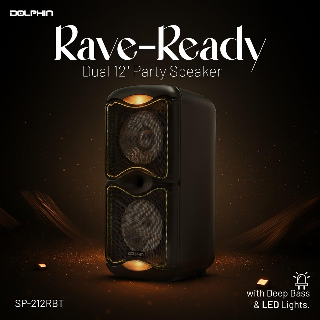 Dolphin BoxParty 212 Dual 12" Portable Bluetooth Party Speaker - Loud Sound with Deep Bass, LED Lights, PA System, 5-Band Equalizer, and Expandable
