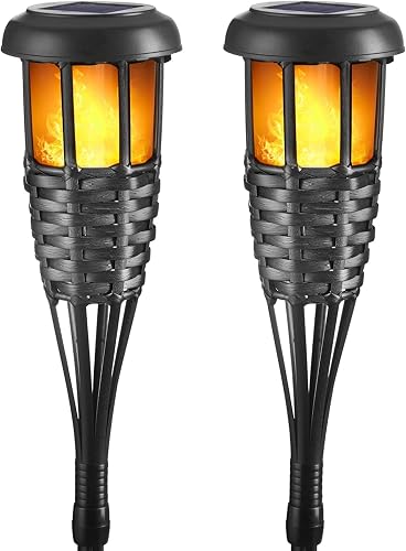 Lapsnail Flickering Flames Torch Solar Lights Handmade Bamboo Outside Flame Lighting Waterproof for Path, Garden, Outdoor Decoration