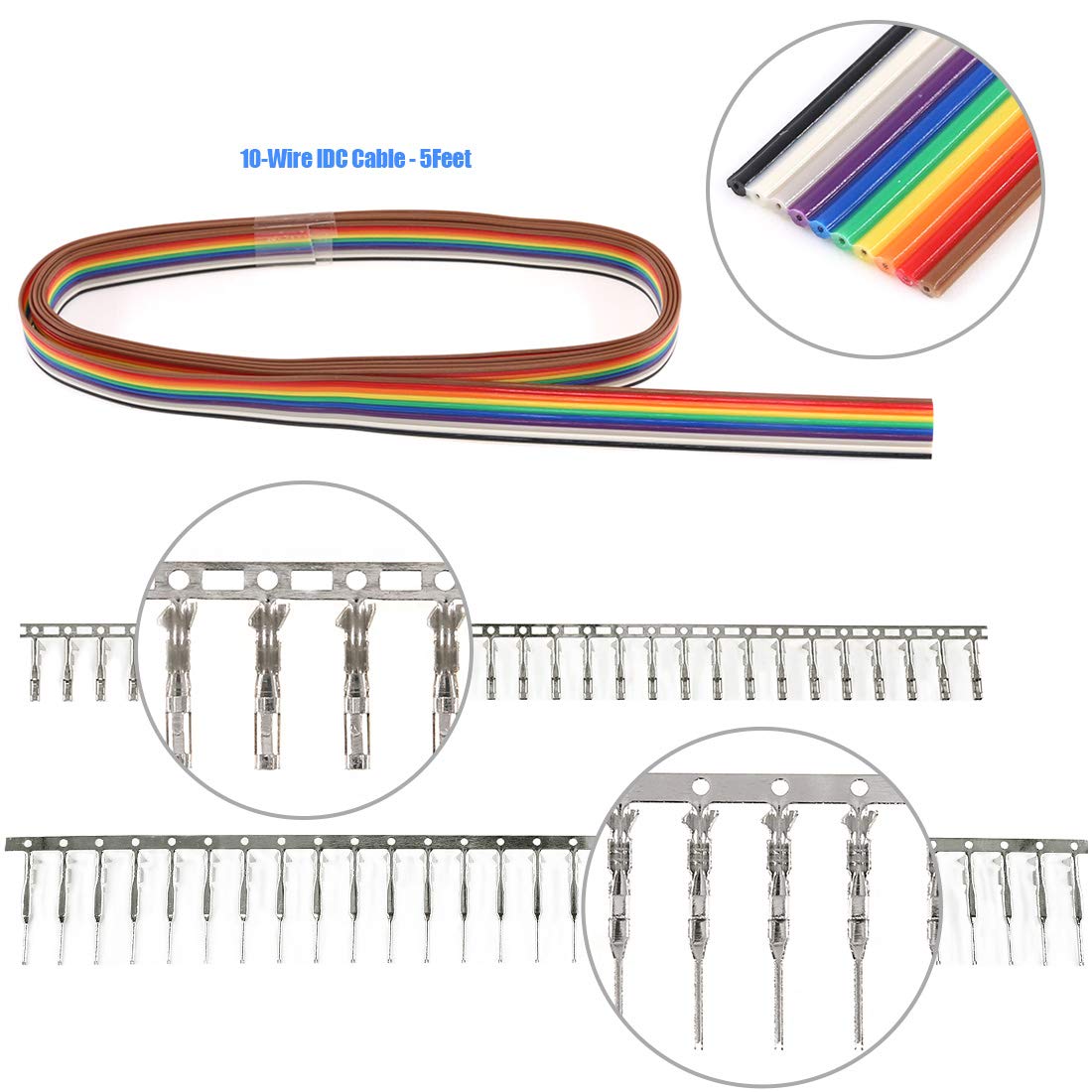 Glarks 635Pcs Connector Housing Male/Female Pin Connector 40 Pin 2.54mm Pitch Pin Headers and 10 Wire Rainbow Color Flat Ribbon IDC Wire Cable