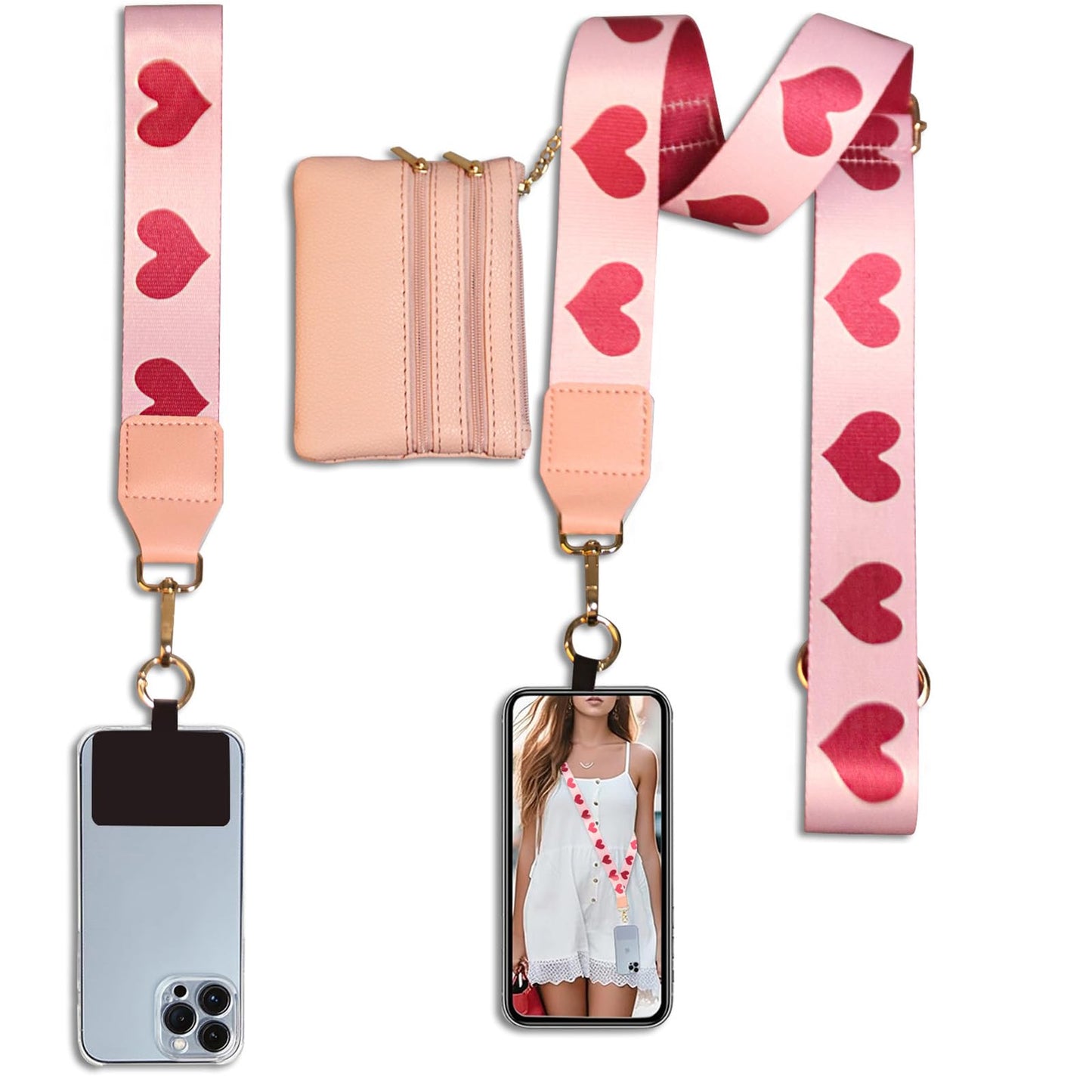 LIVLOV Clip and Go Strap for Phone with Zippered Wallet Crossbody, Extended Length Mobile Lanyard with Adjustable Phone Wristlet, Girls Go Strap