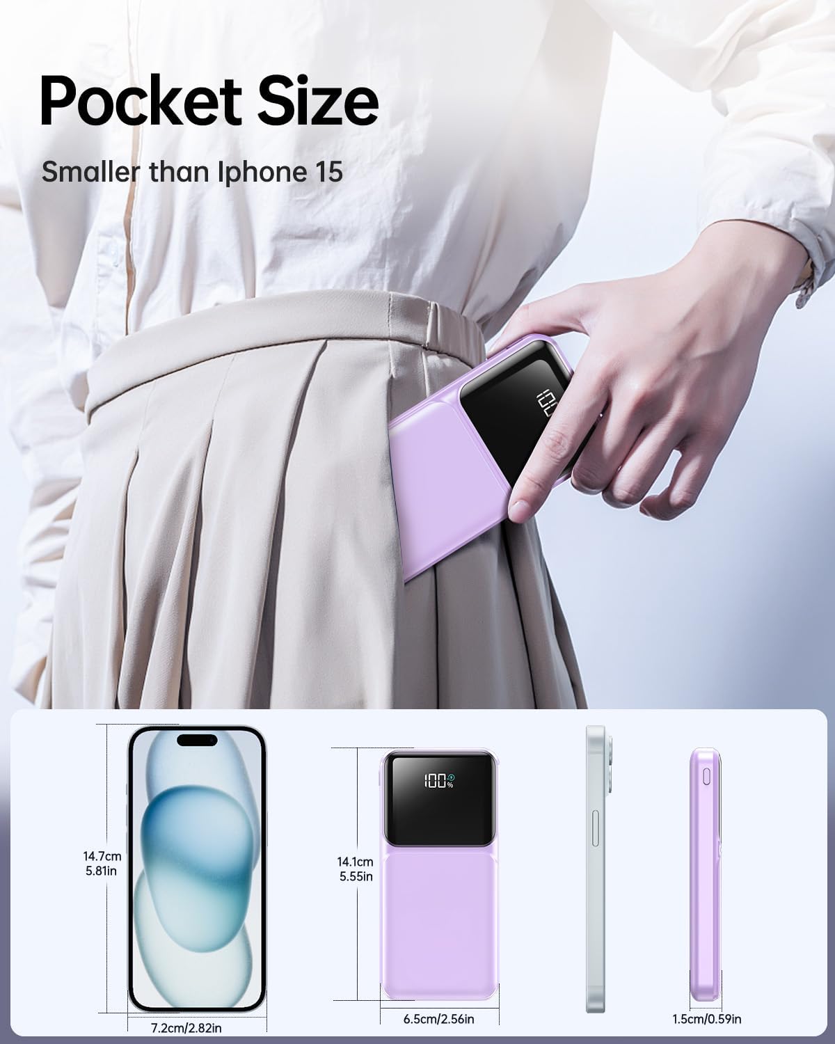 RONEGN Portable Charger with Built in Cable - 22.5W Power Bank Fast Charging USB C LED Display 10000mAh Travel Battery Pack 5 Outputs & 3 Inputs