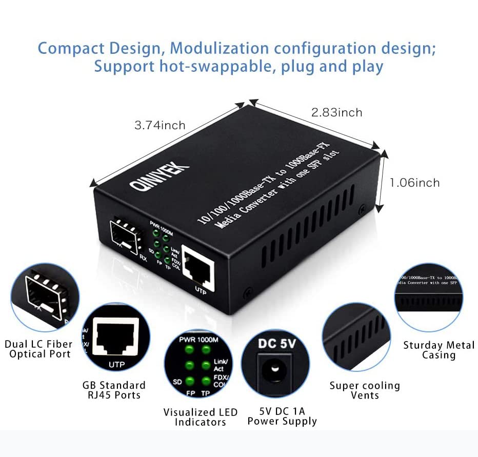 QINIYEK Gigabit Fiber Ethernet Media Converter?10/100/1000Base-Tx to 1000Base-SX Open SFP Slot with Gigabit modules?Multimode Dual LC Fiber?up to 550M
