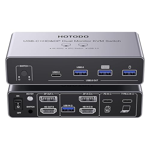 USB C KVM Switch 2 Monitors for 1 Laptop 1 Desktop, 4K@60Hz Dual Monitors HDMI DP KVM Switch for 4 USB 3.0 Ports,Docking Station KVM Switches, PD
