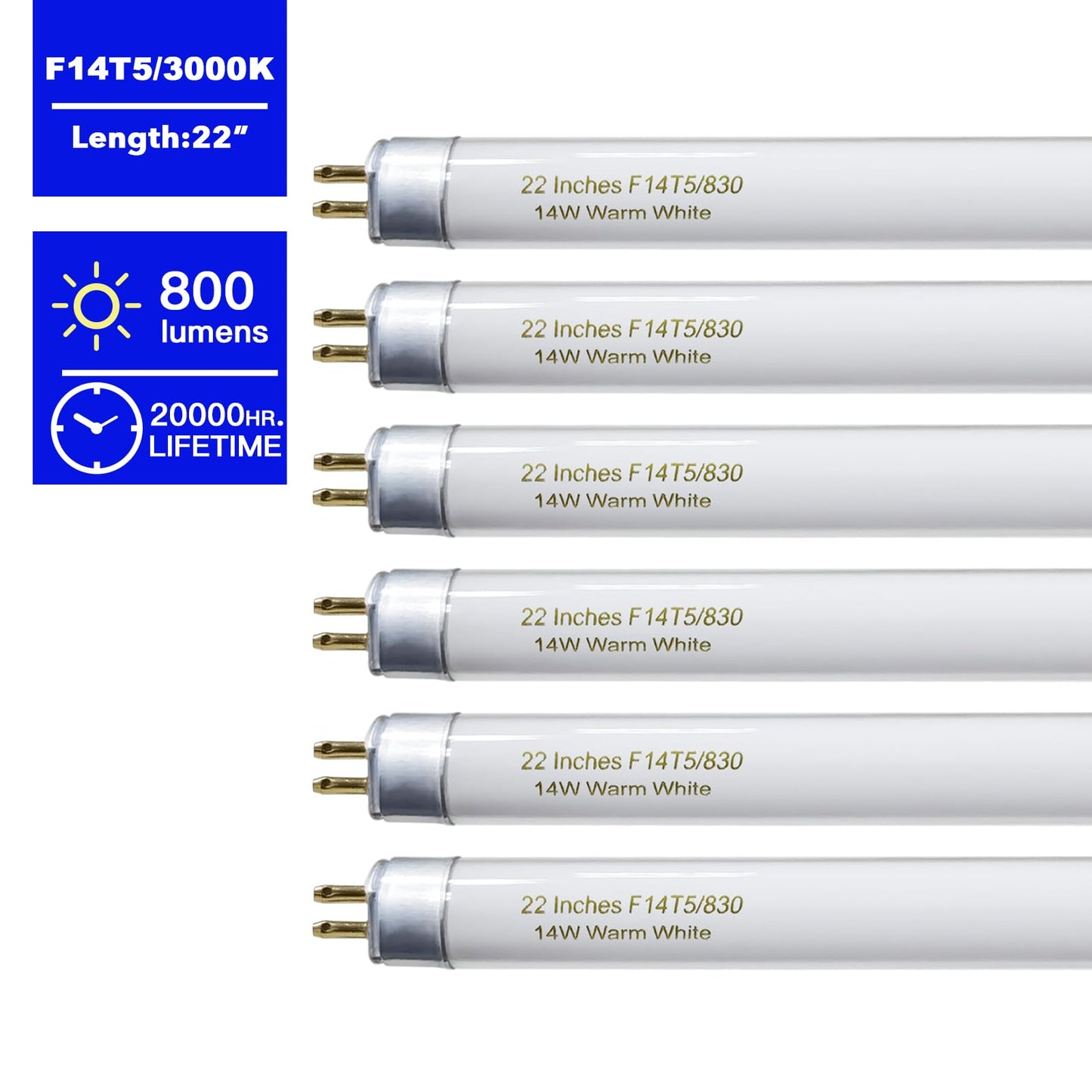 22 Inch T5 Fluorescent Light Bulb 14 Watt F14T5/WW Compatible with Sylvania Satco Philips GE Under Cabinet Lamp Light 3000K Warm White 800 Lumen G5