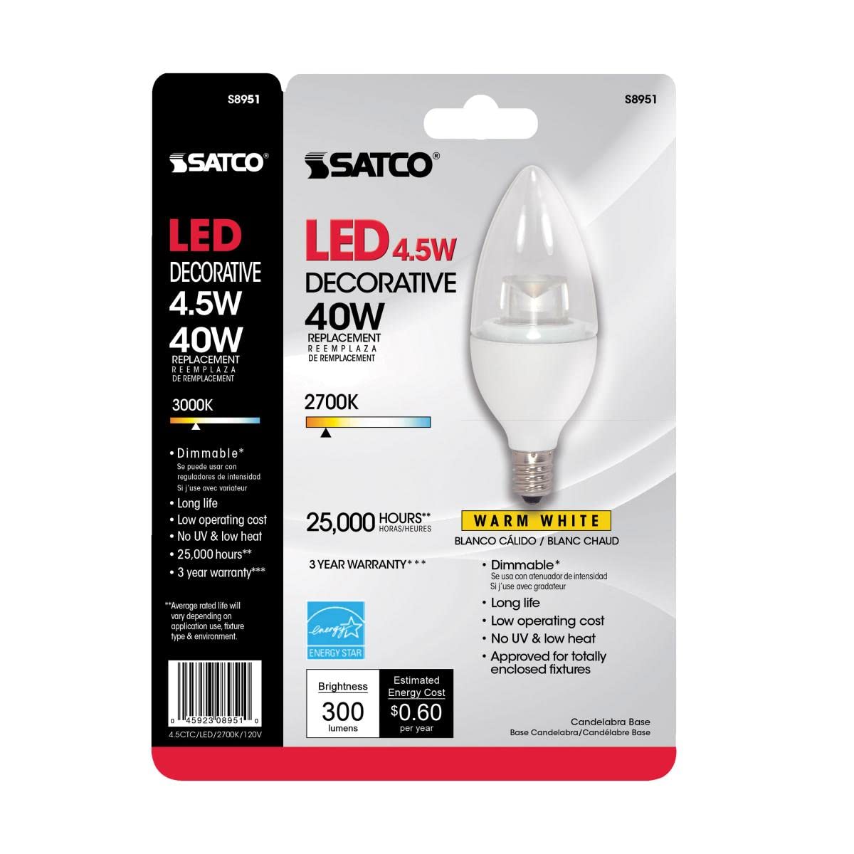 SATCO S8951 4.5 Watt LED Light Bulb, B11 Candle Shape, 2700K Warm White, 300 Lumen, E12 Candelabra Base, 120 Volt, Dimmable (6 LED Light Bulbs)