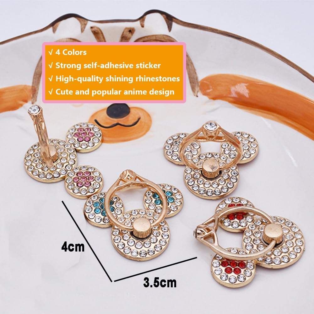 4 Pack Crystal Anime Finger Ring Holder Sparkly Rhinestone Mouse Phone Ring Grips, 360? Rotatable Self-Adhesive Decal Stickers Premium Gold Cell Phone