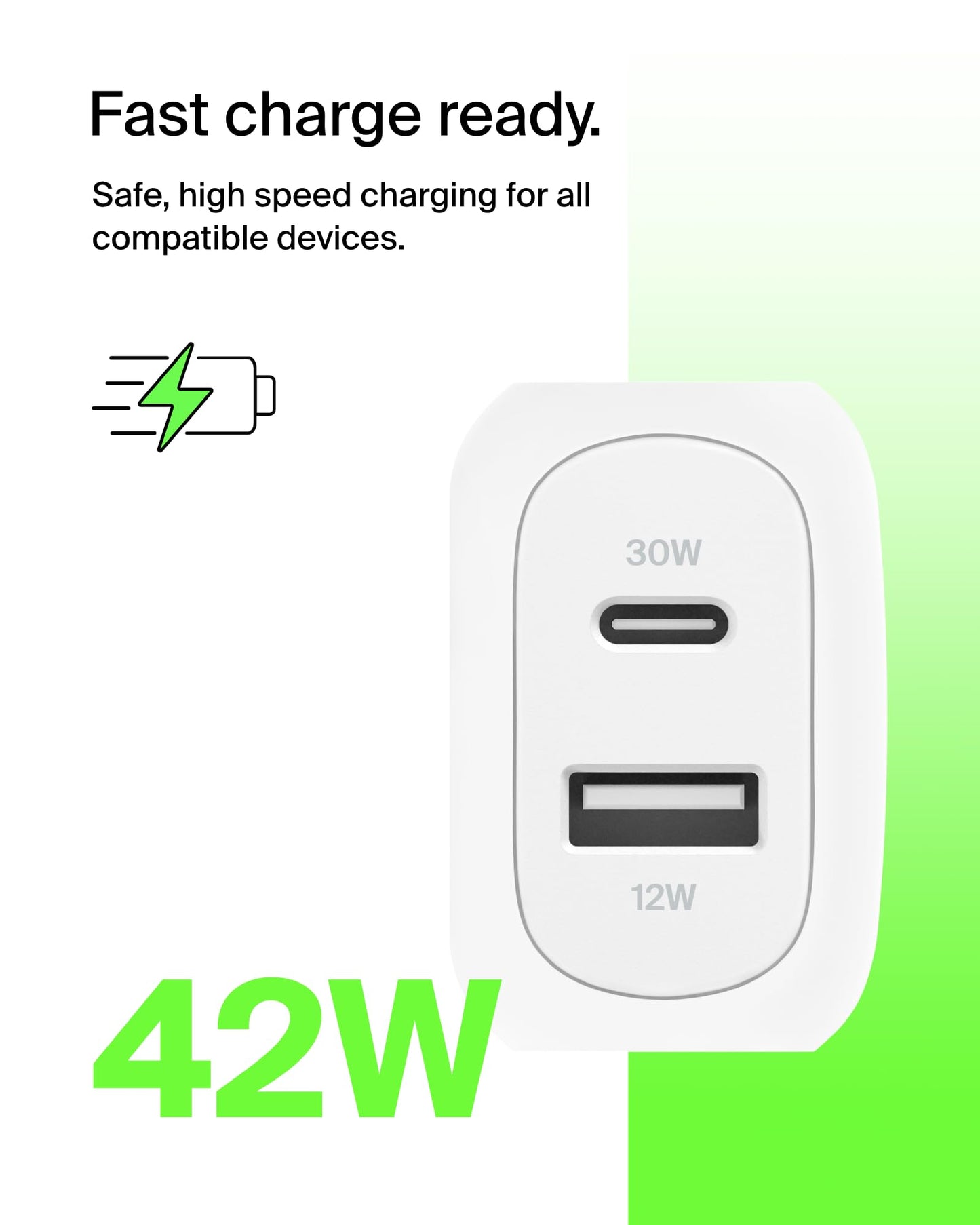 Belkin Dual Port Charger Block 42W - USB-C to Lightning Cable Included - USB-C + USB-A Charger Super Fast Charging - Compatible with Apple iPhone