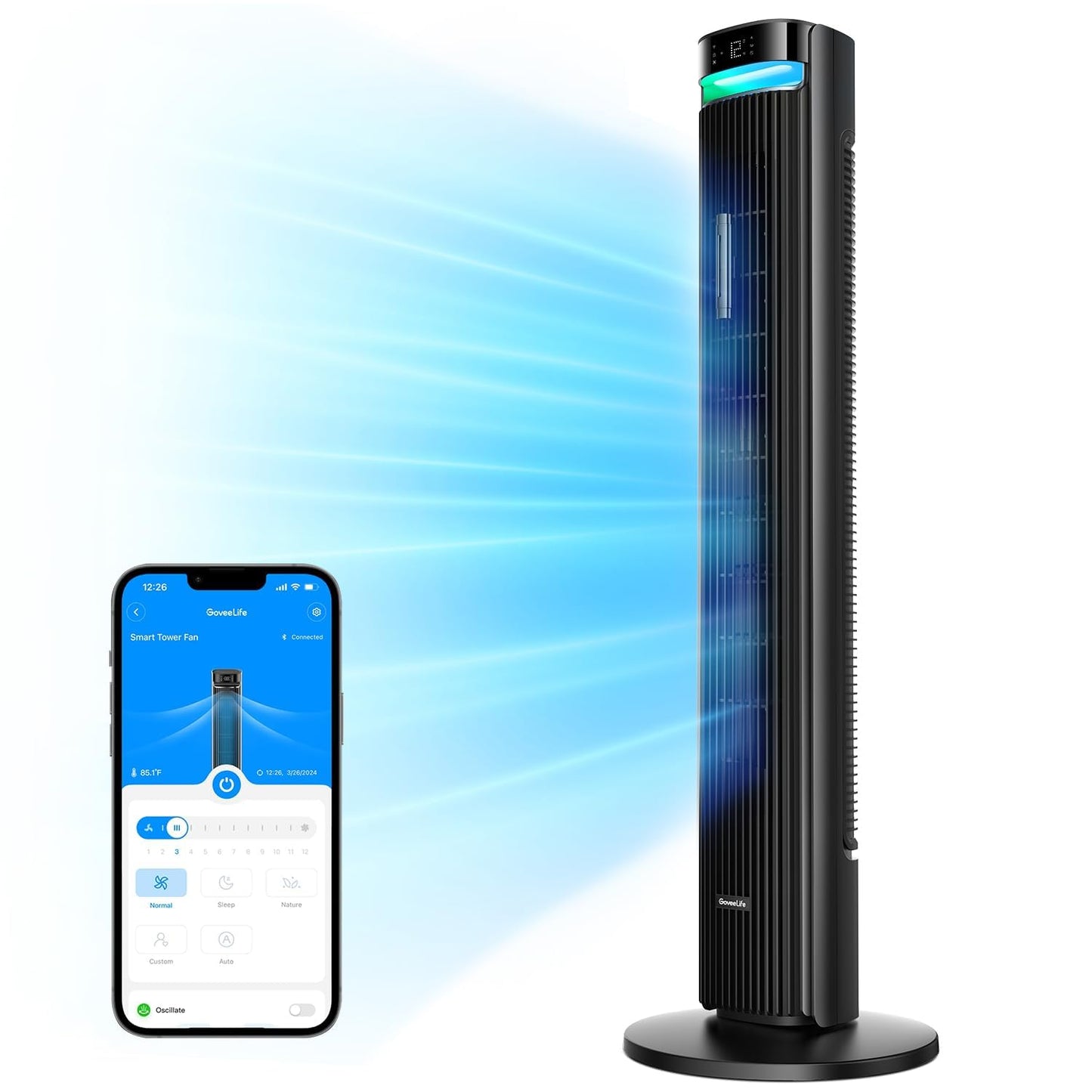 GoveeLife 42 in. Tower Fan, 150 Deg Oscillation, 5 Modes 12 Speeds, Black