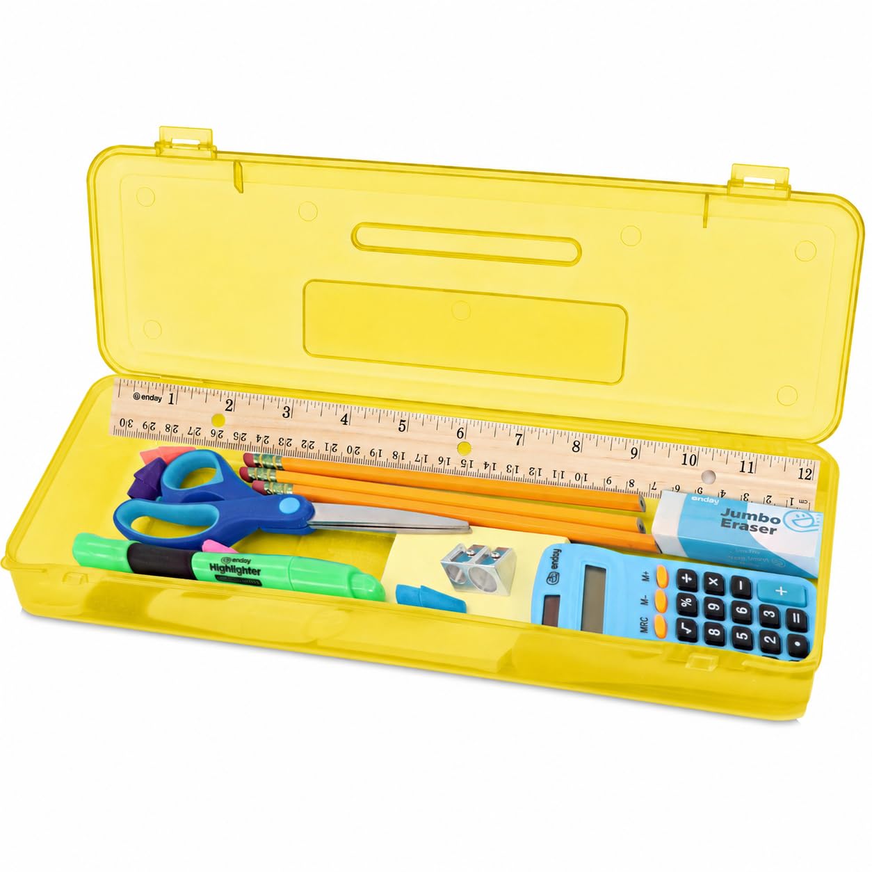 Enday Pencil Box Yellow, Plastic Pencil Case with Snap Lid, Storage Organizer Utility Box, Long Ruler Length School Pencil Box for Kids & Adults
