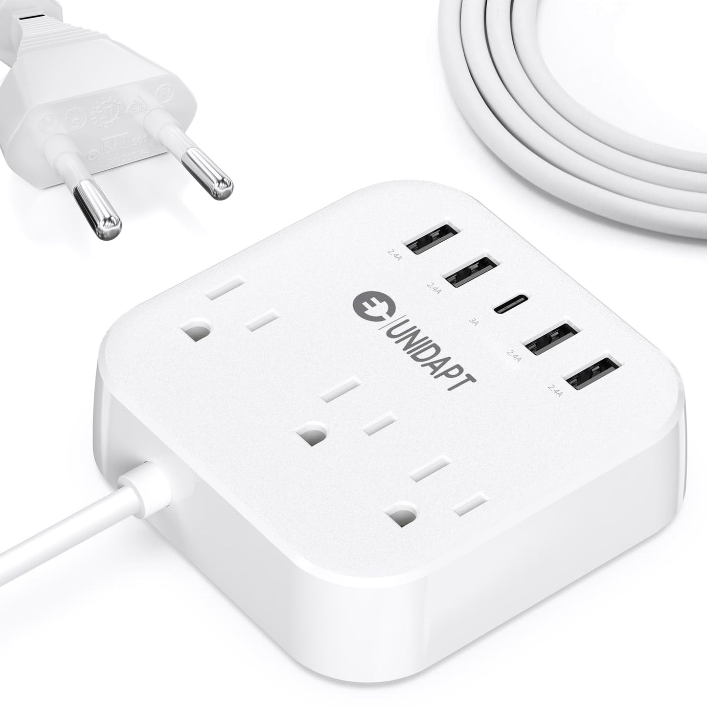 European Plug Adapter, Unidapt US to UK Europe Power Strip for EU/UK/US with USB C and 4 USB Ports, 3 AC Outlets, Wall Mountable, 5ft Extension Cord