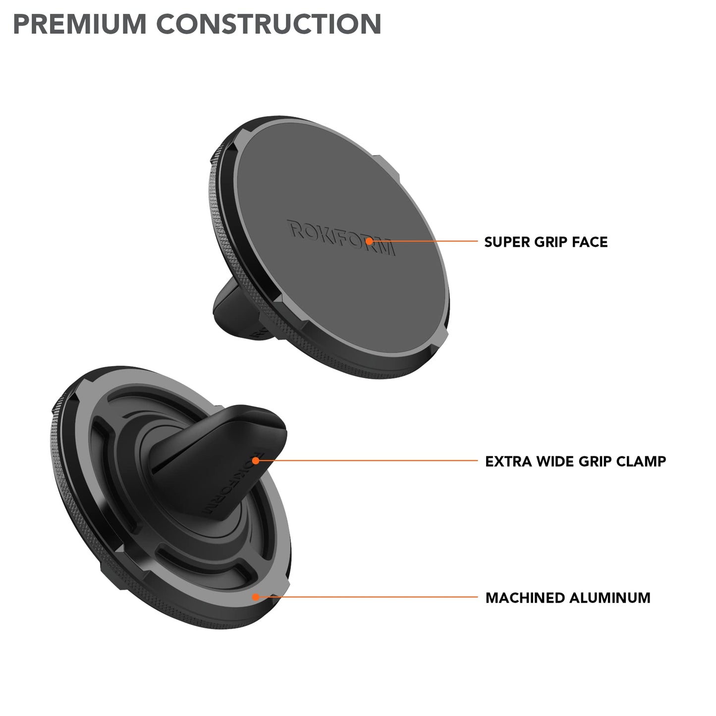 ROKFORM - Double Magnetic Air Vent Holder, Super Grip Clip, Aluminium Car Holder, Compatible with MagSafe Phones and Cases and All Cases (Black)