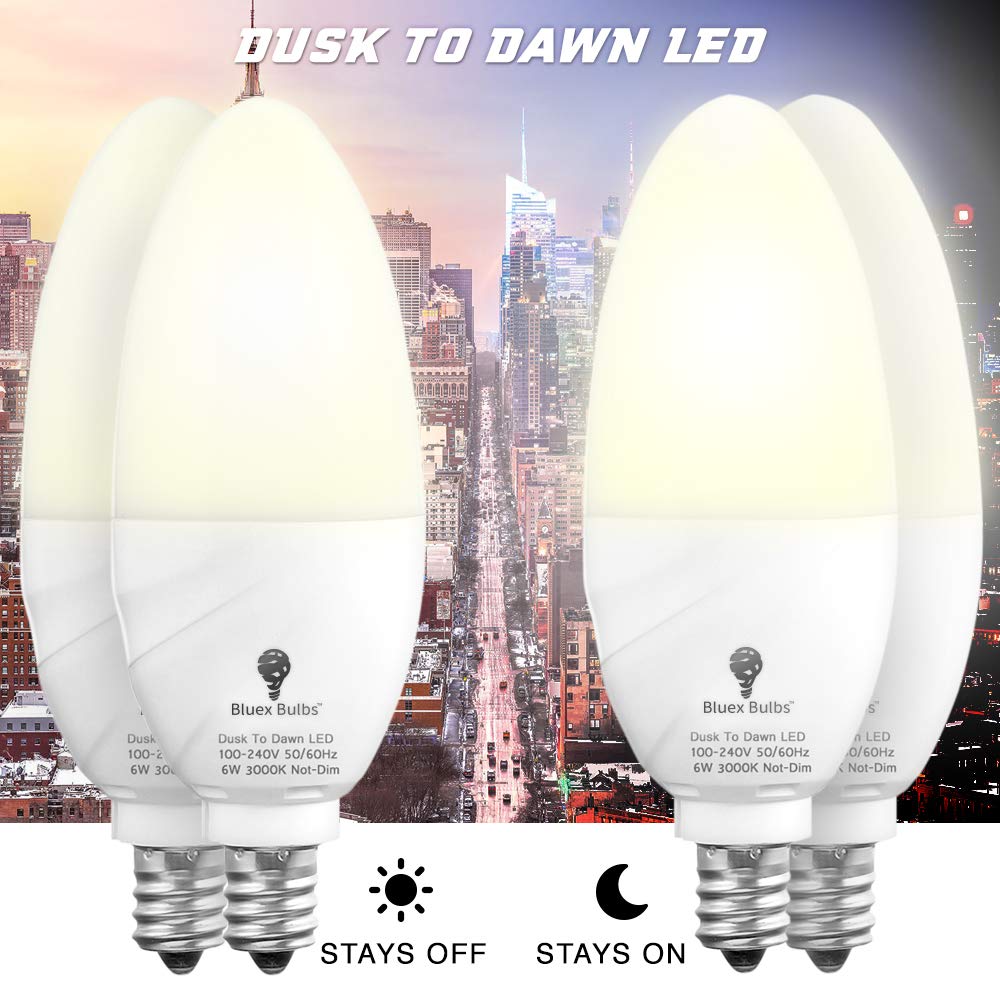 6 Pack BlueX Dusk to Dawn LED Bulbs, 6W E12 Base Light Bulb - 65W Equivalent - 3000K WarmLight White - Smart Light Sensor Candelabra Bulb, Home