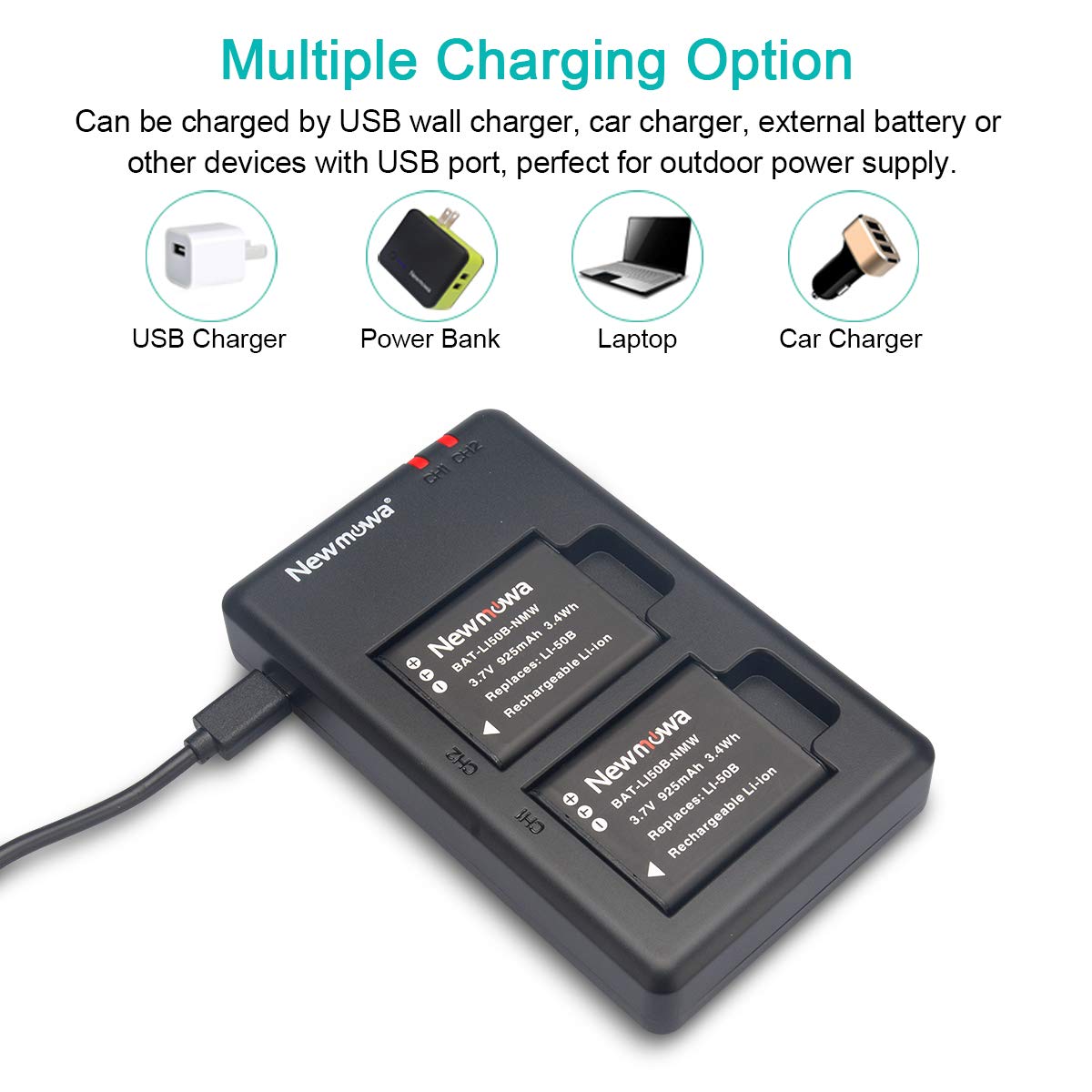 Newmowa Li-50B Battery (2 Pack) and Dual USB Charger Kit for Olympus LI-50B and Olympus SZ-10, SZ-12, SZ-15, SZ-16 iHS, SZ-20, SZ-30MR, SZ-31MR iHS