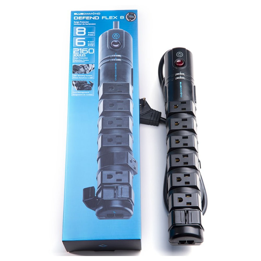 BlueDiamond 8-Rotating Outlets Surge Protector -With 2600 Joule & 6 Feet Heavy Dutty Cable & Flat Offset - Phone Line Protection