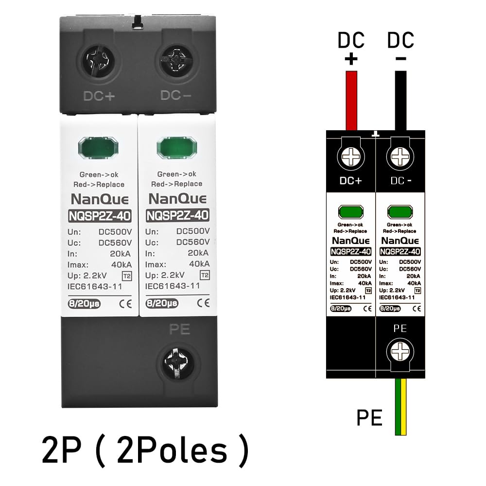 DC SPD Surge Protector for 100V-1000V PV Systems, 2-Pole 40kA T2 Level, Replaceable Module, Solar Panel Lightning Protection, Overvoltage Protection