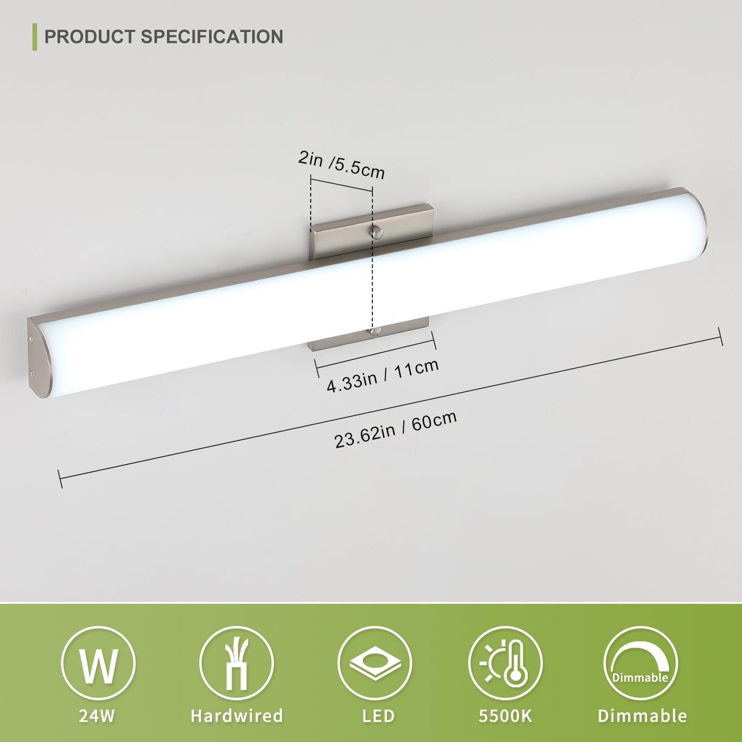 Bicrink 24 Inch Brushed Nickel Vanity Light, Dimmable, 24W Modern Bathroom Vanity Light Fixture Over Mirror, Cool White 5500K Wall Sconce Lighting