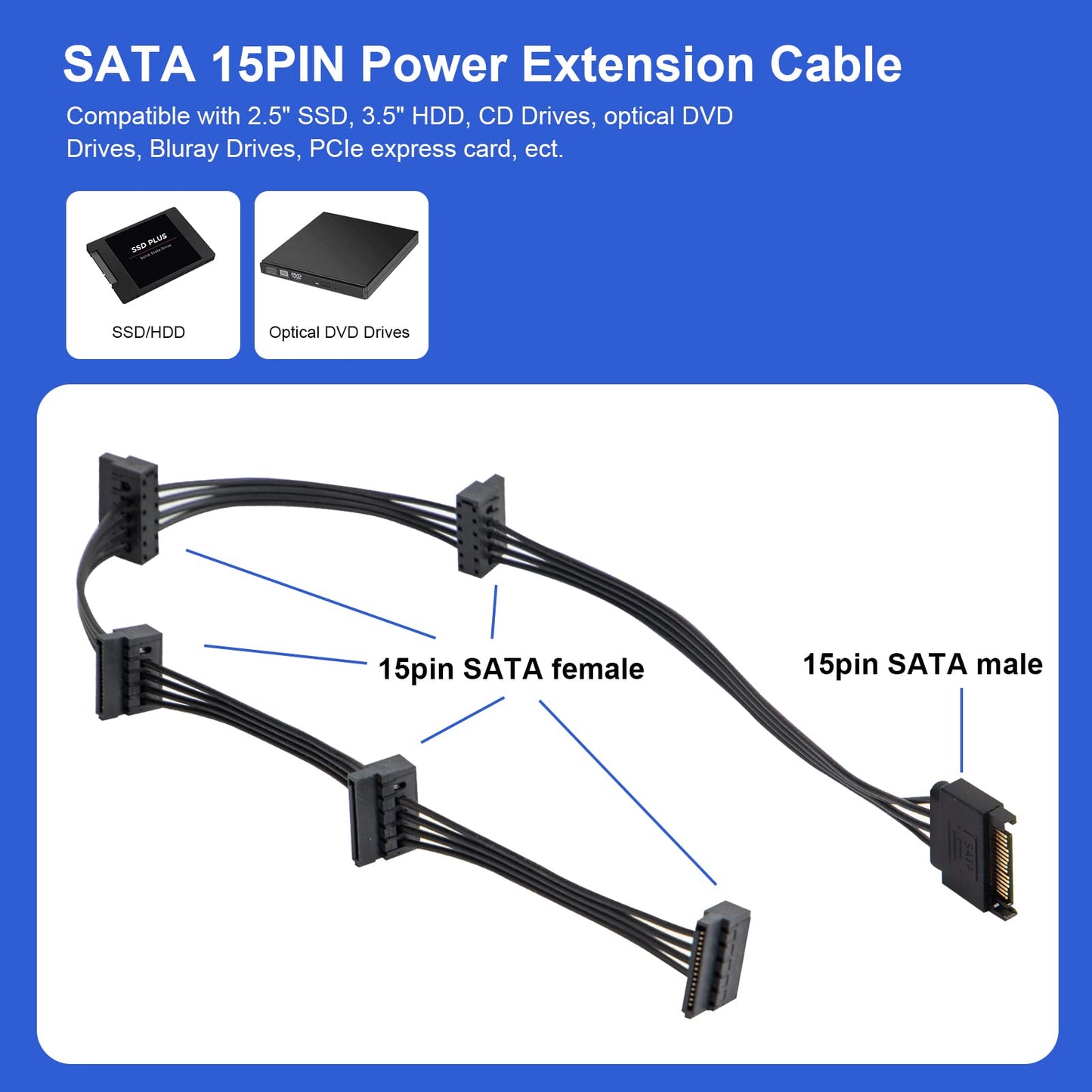 YSIUENG 2-Pack 15Pin SATA to 5 SATA Power Extension Cables Splitter for HDD/SSD - 21 Inches