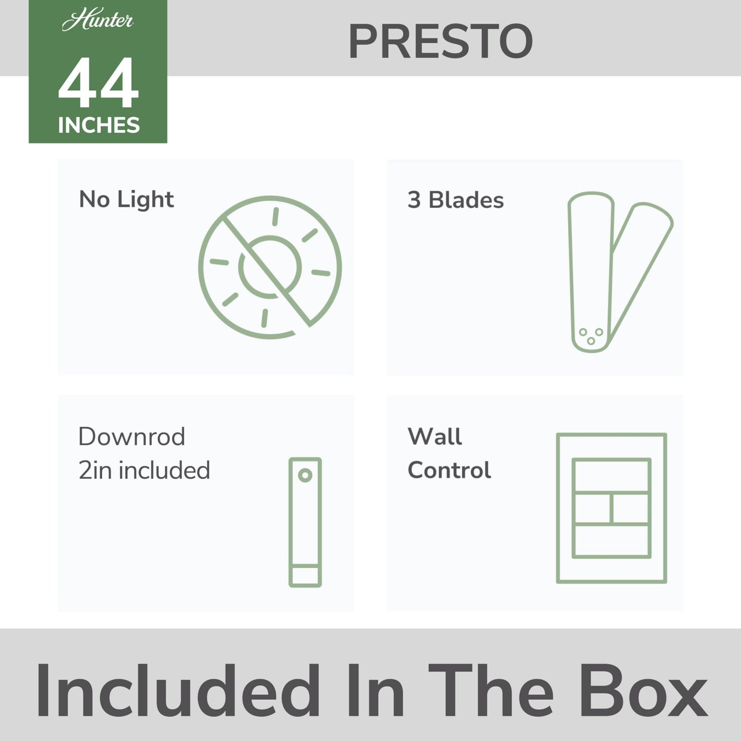 Hunter Presto, Indoor, Ceiling Fan, No Light, Modern, 44 inch, Matte White