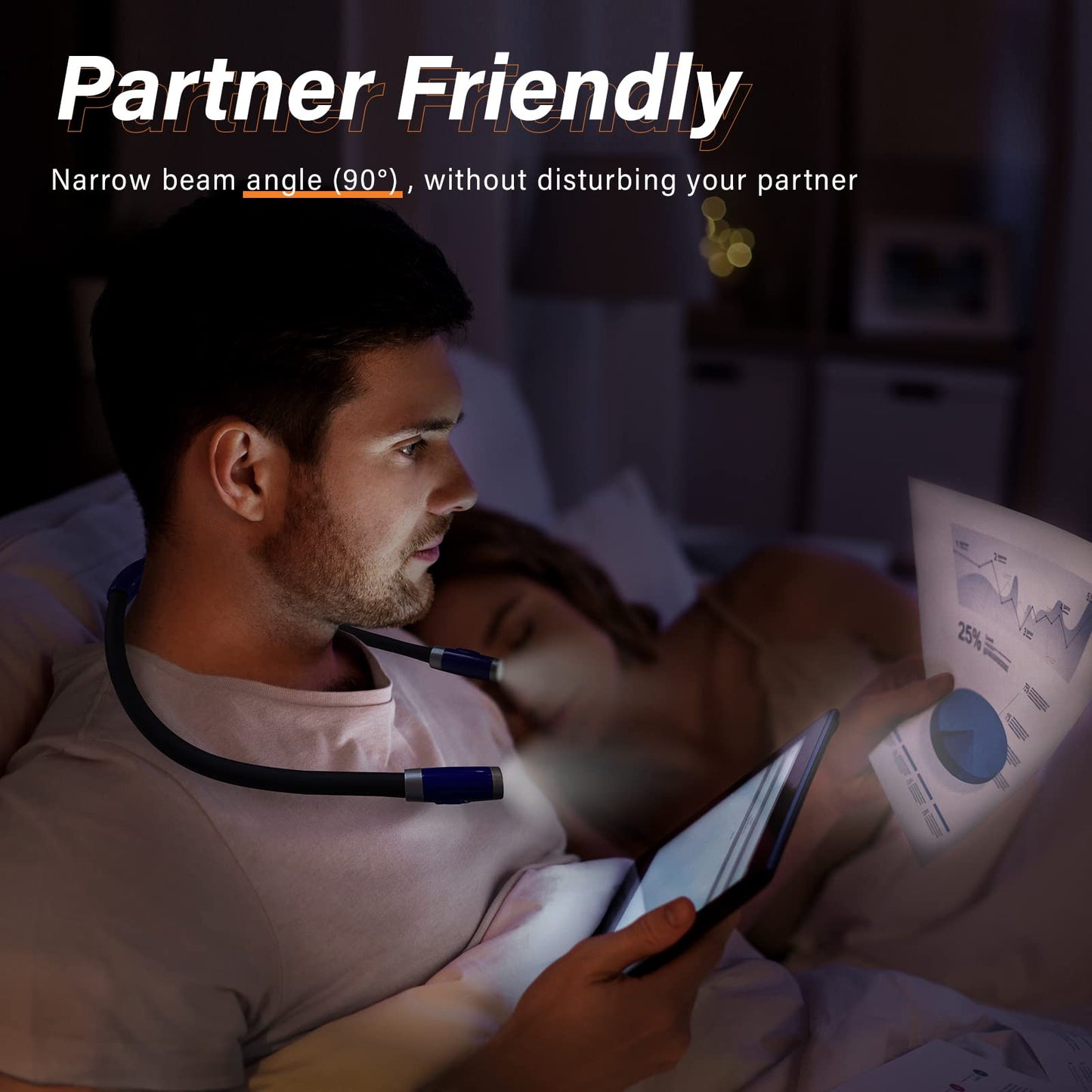 Vekkia Rechargeable LED Neck Reading Light, Book Lights for Reading in Bed, 3 Brightness Levels, Flexible Soft Silicone Arms Comfortable Wear, Long