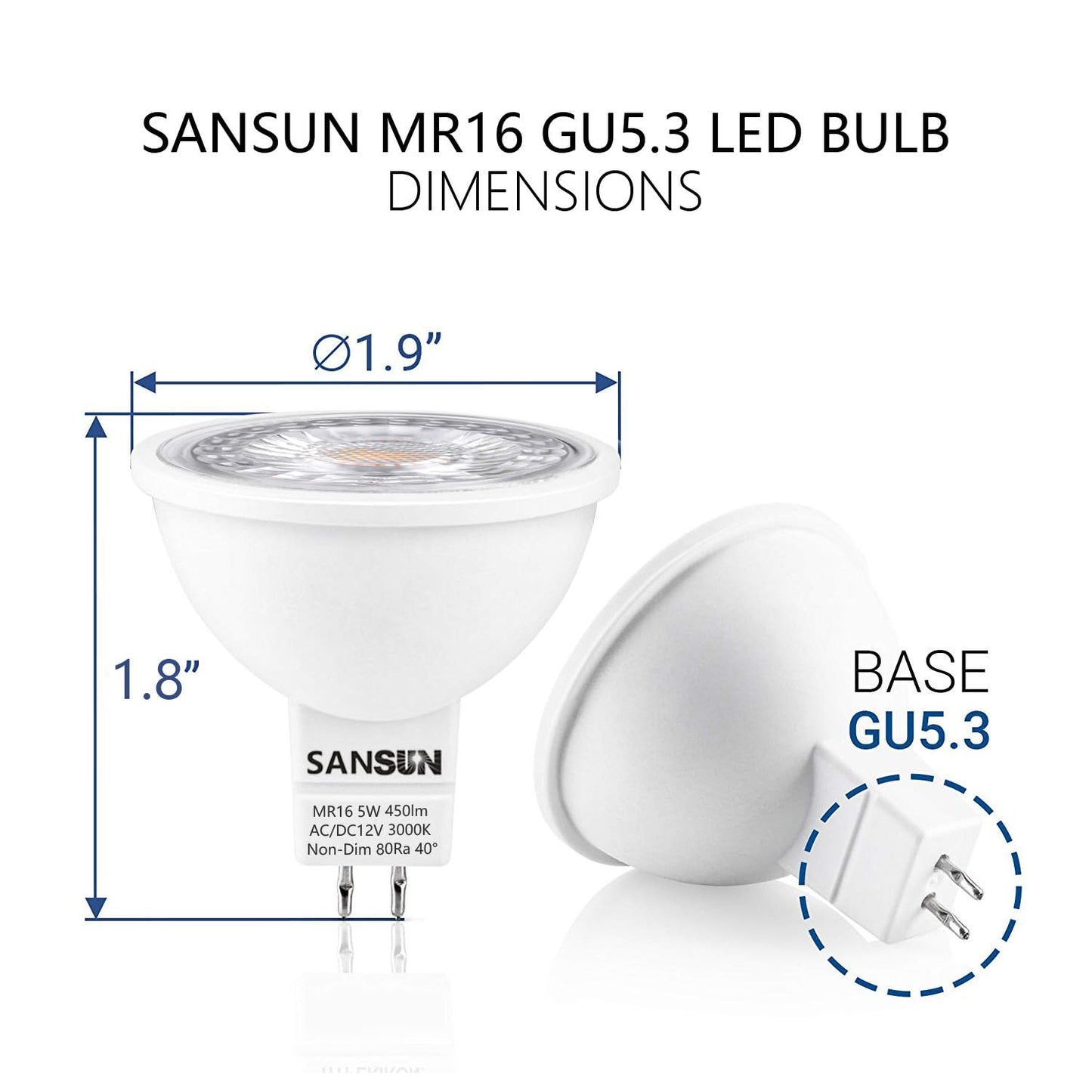 SANSUN 5W MR16 LED Landscape Light Bulbs, Low Voltage 12V Outdoor Landscape Spotlight and Indoor Track Light, GU5.3 Bi-Pin Base, Soft White 3000K