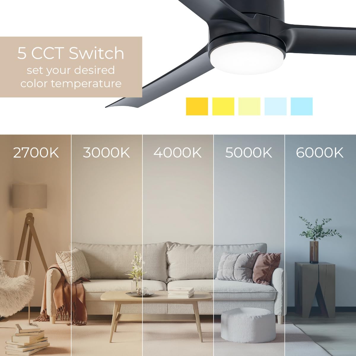 East Grove Home Cyclone 52in 3-Blade Smart Indoor or Outdoor Ceiling Fan 2700K-6000K CCT Tunable Range LED Light Kit in Matte Black Works With iOS or