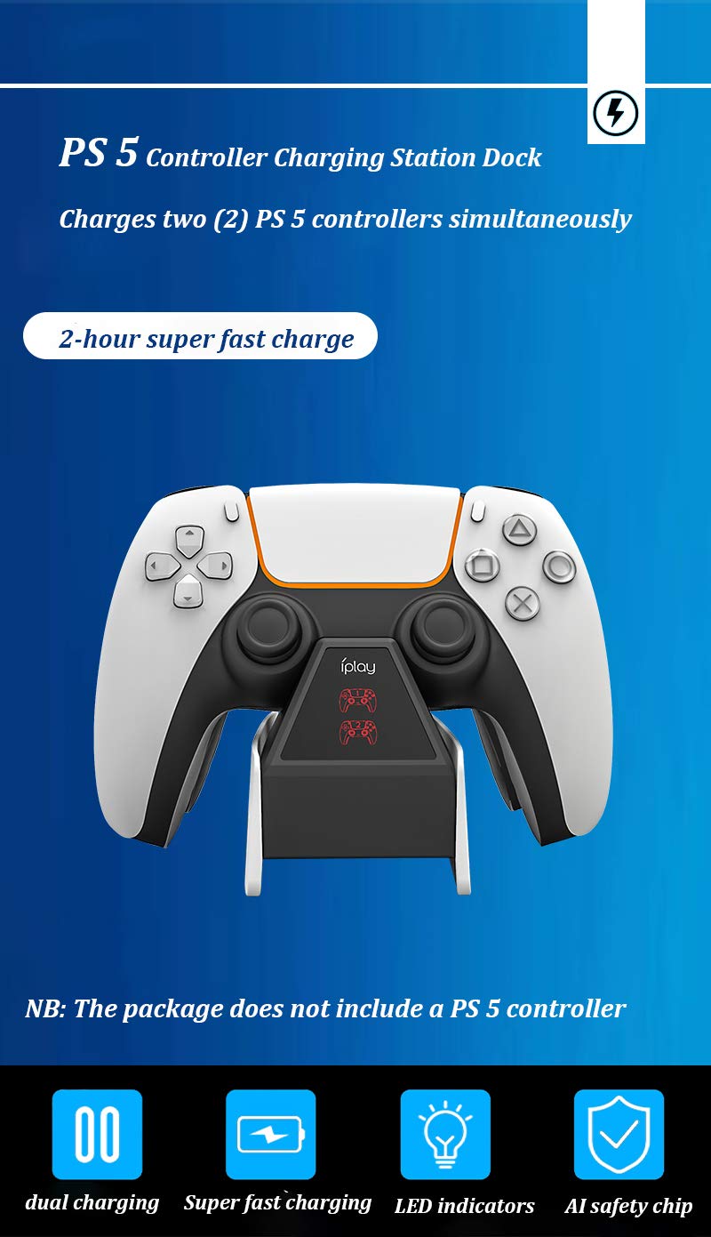 (2hr Full Charge) Top-Notch Fastest Charging PS5 Controller Charging Station Dock with AI, Smart LED Indicators, Safety Chip Protection, Type C USB