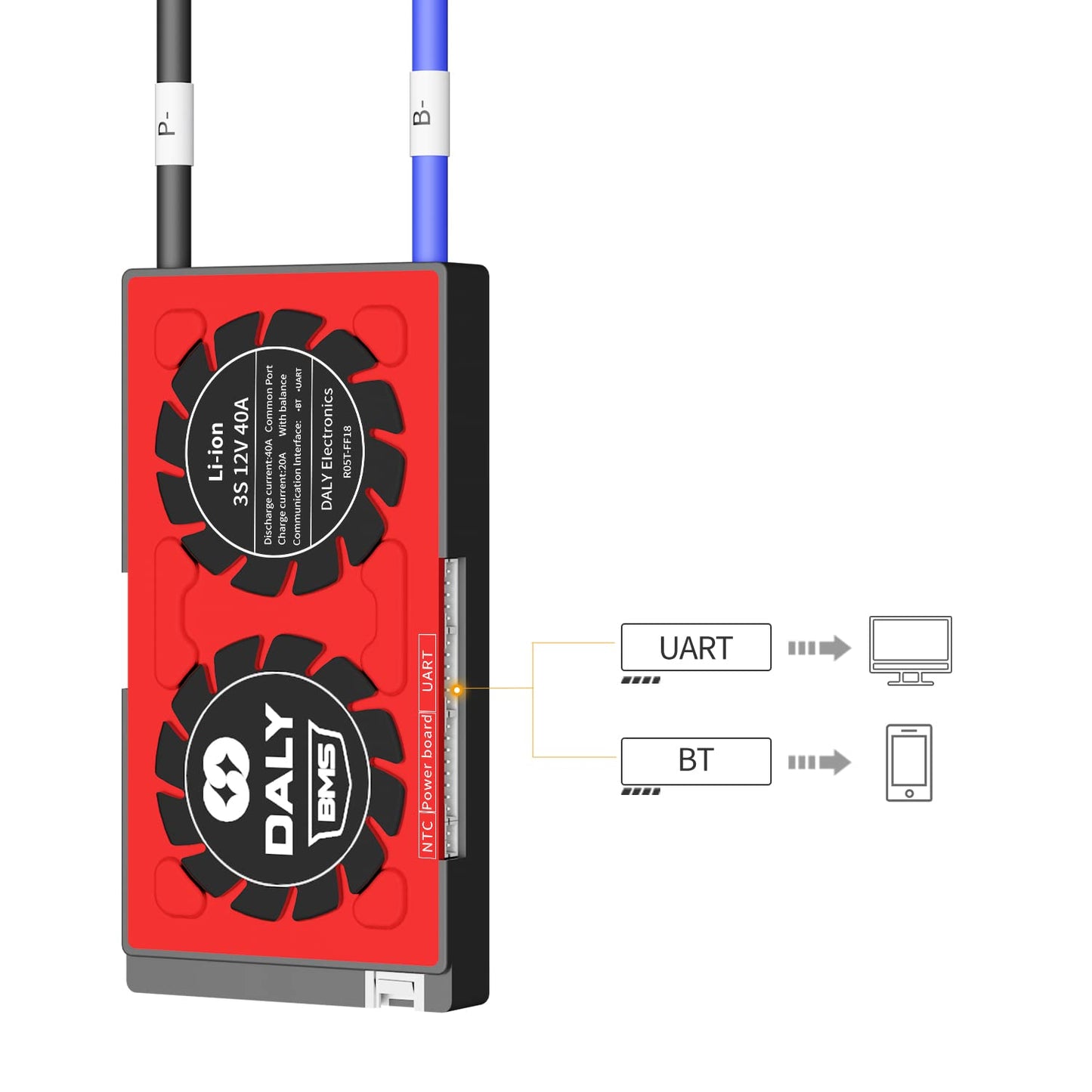 DALY Smart BMS Li-ion 3S 12V 40A with Bluetooth BMS Real-Time Monitoring for Rated 3.7V Lithium Battery Pack Power Wheels Motors(Smart BMS,40A)