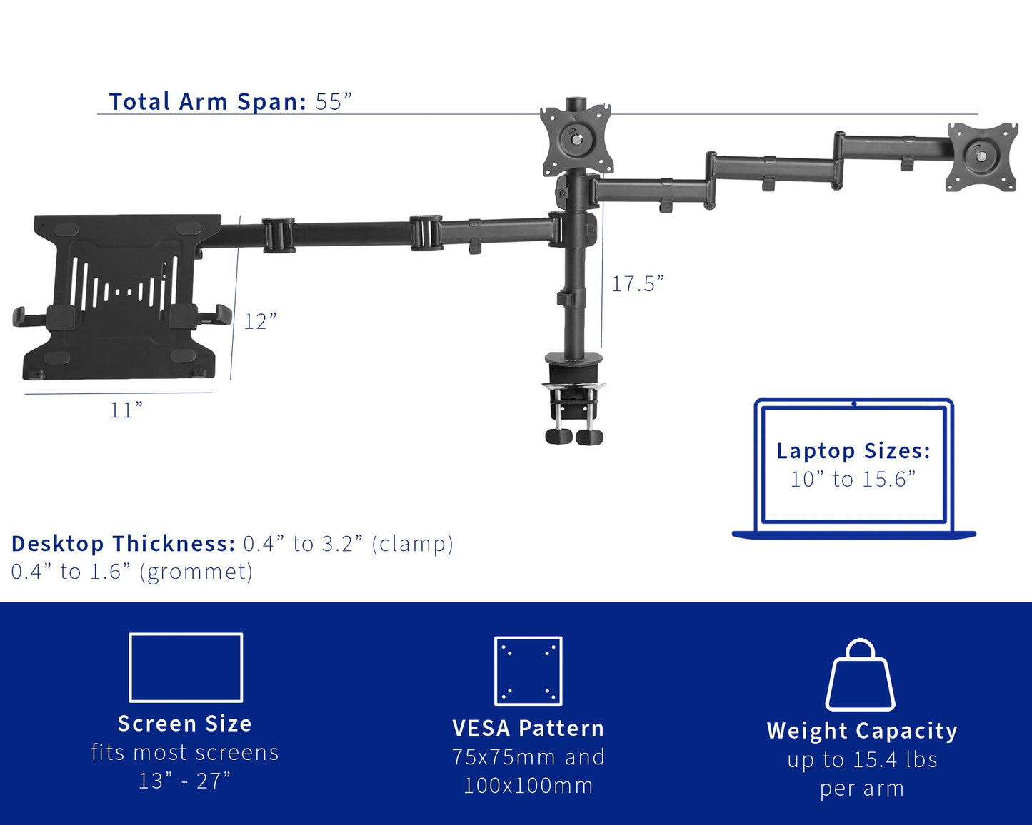 VIVO Dual Monitor + Laptop Mount for 13 to 27 inch Screens and 10 to 15.6 inch Laptops, Triple Screen Viewing, Articulating Arms, Black, STAND-V013L
