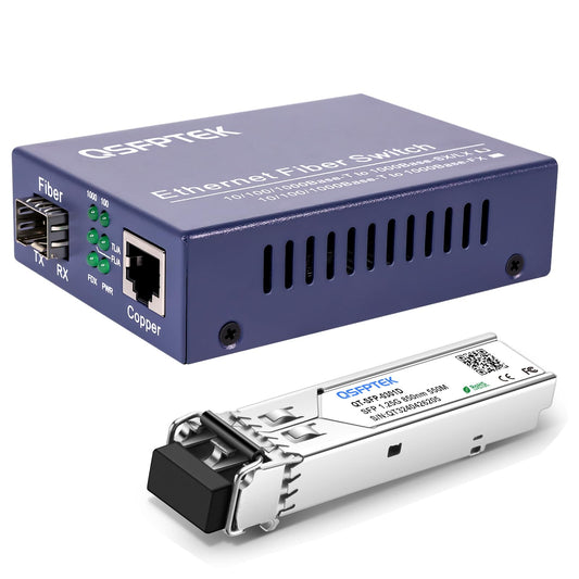 QSFPTEK Gigabit Ethernet Media Converter with SFP Module, Multimode Dual LC Fiber, 1x 10/100/1000Base-T RJ45 to 1x 1000Base-SX SFP Slot Ethernet