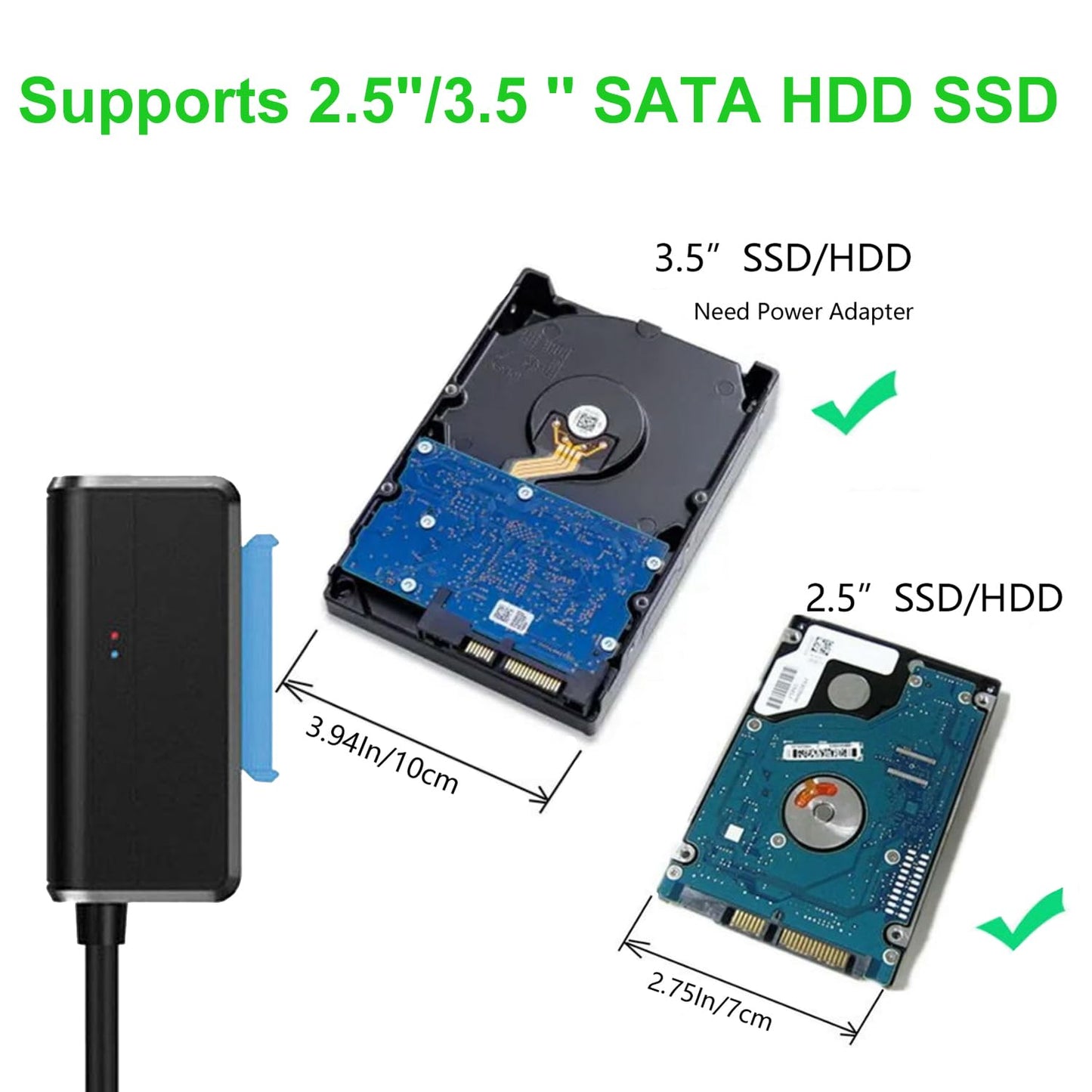 EYOOLD SATA to USB Cable USB 3.0 to 2.5 3.5 inch Hard Drive Adapter External Converter for SSD/HDD Data Transfer, with 12V/2A Power Supply, Support