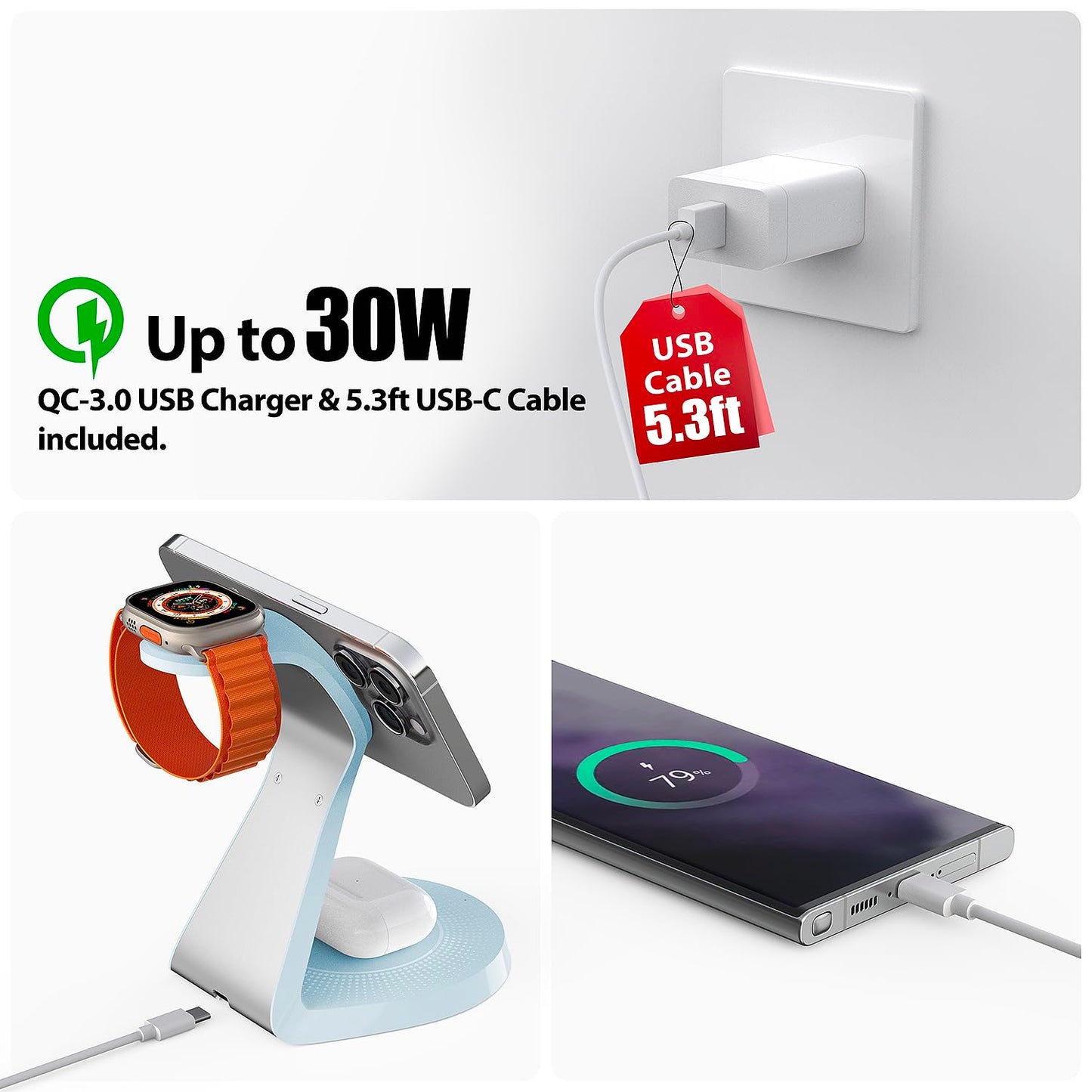 3 in 1 Charging Station for Apple Devices,Mag-Safe Charger Stand Fast Charging,Wireless Charger for iPhone 16/15/14/13/12 Series,& AirPods